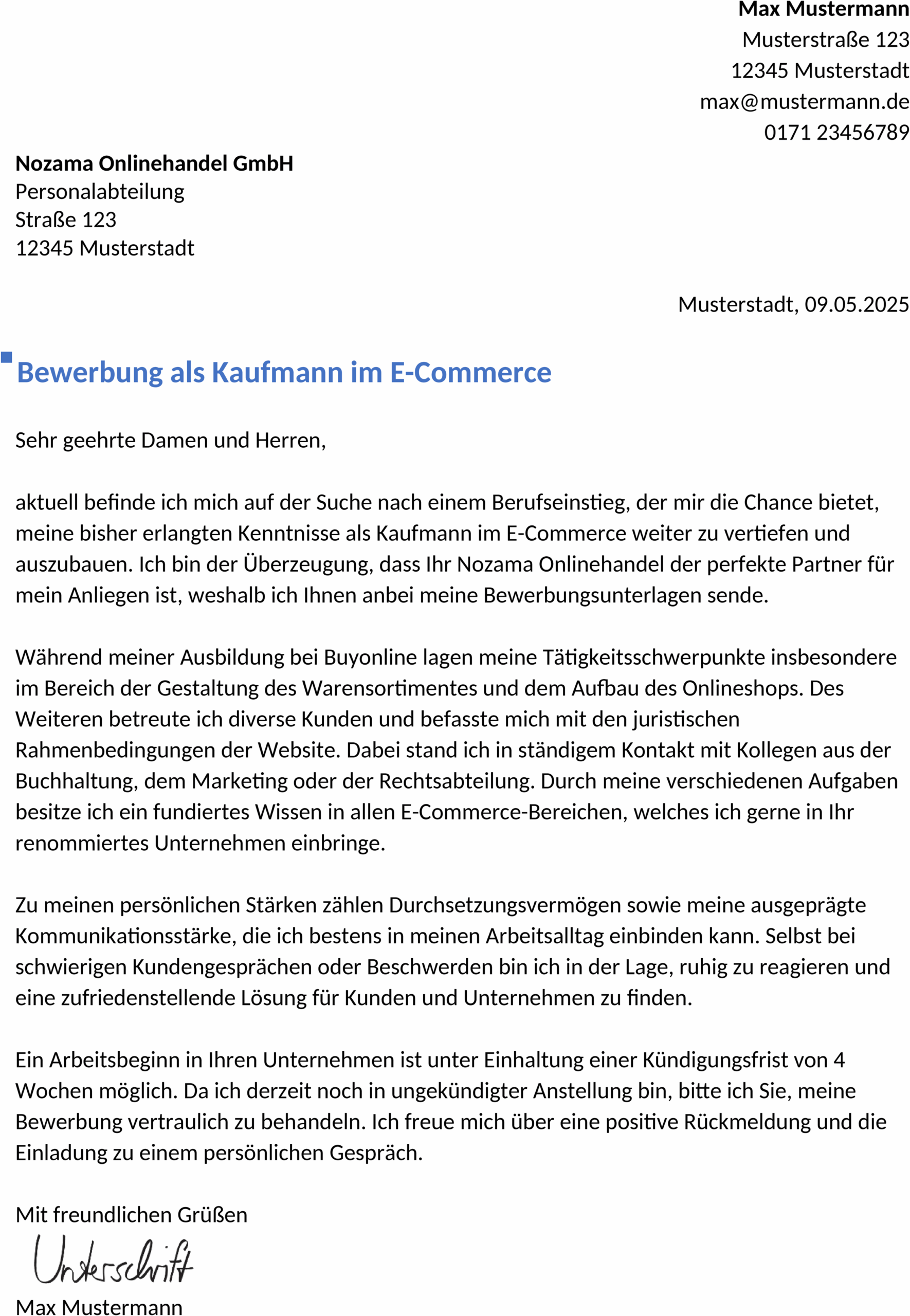 Word-Vorlage Bewerbung Kaufmann Kauffrau E-Commerce Berufseinstieg