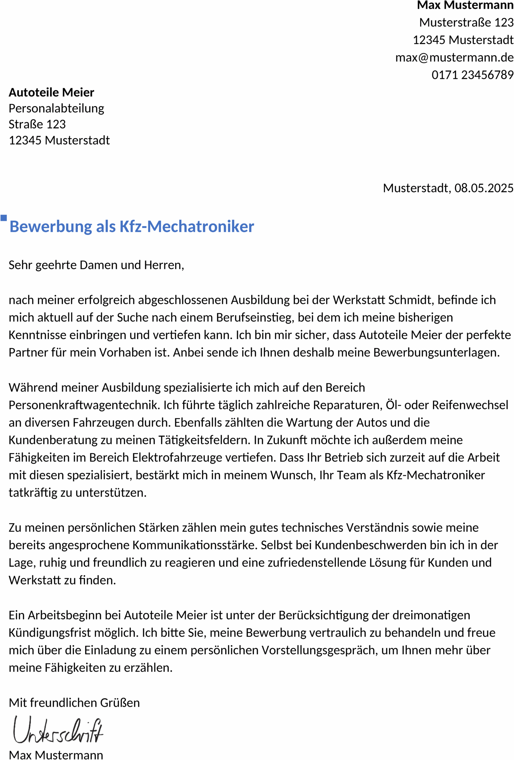 Bewerbungsvorlage für Kfz-Mechatroniker