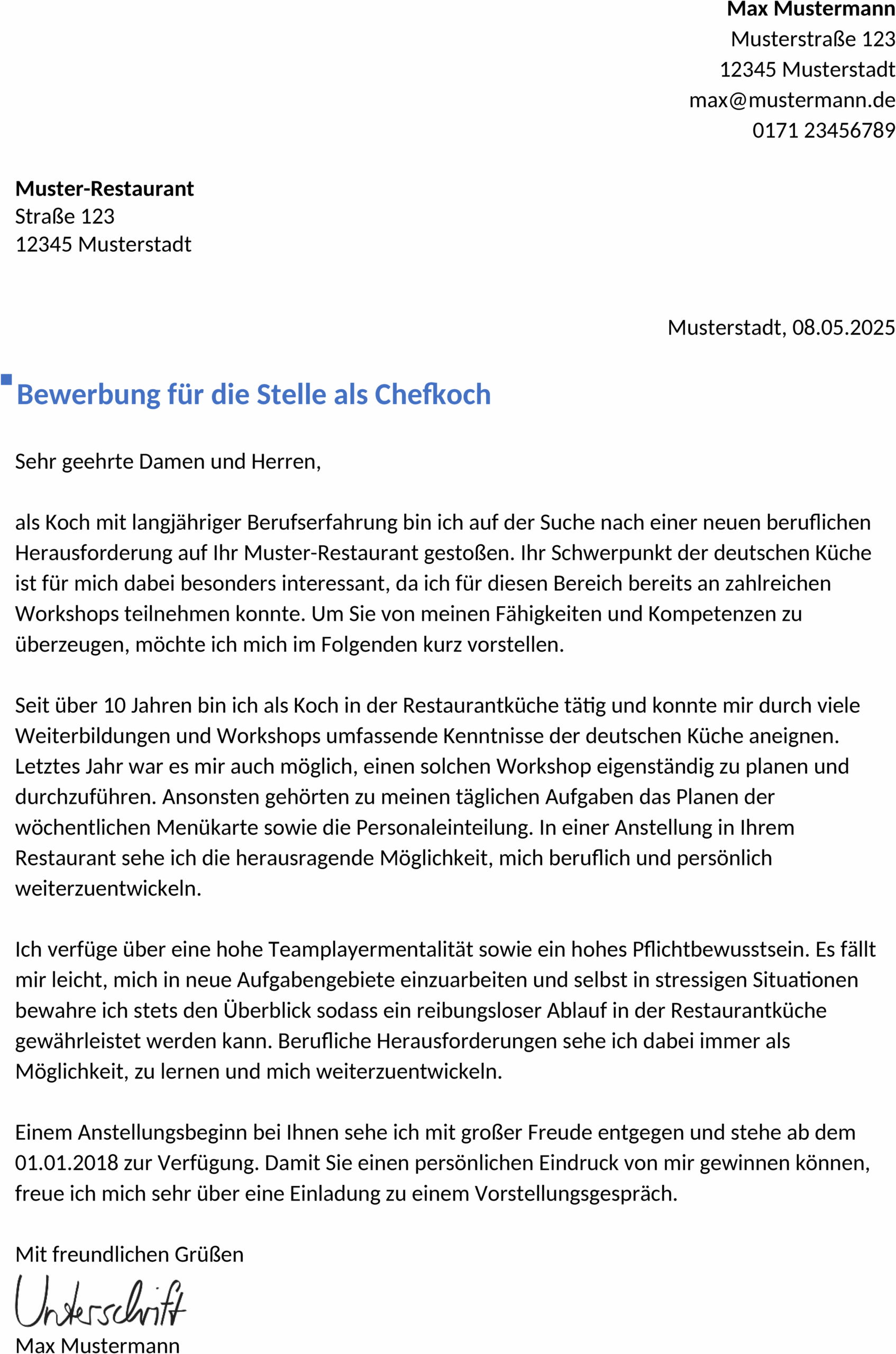 Bewerbungsvorlage Koch Köchin Berufserfahren