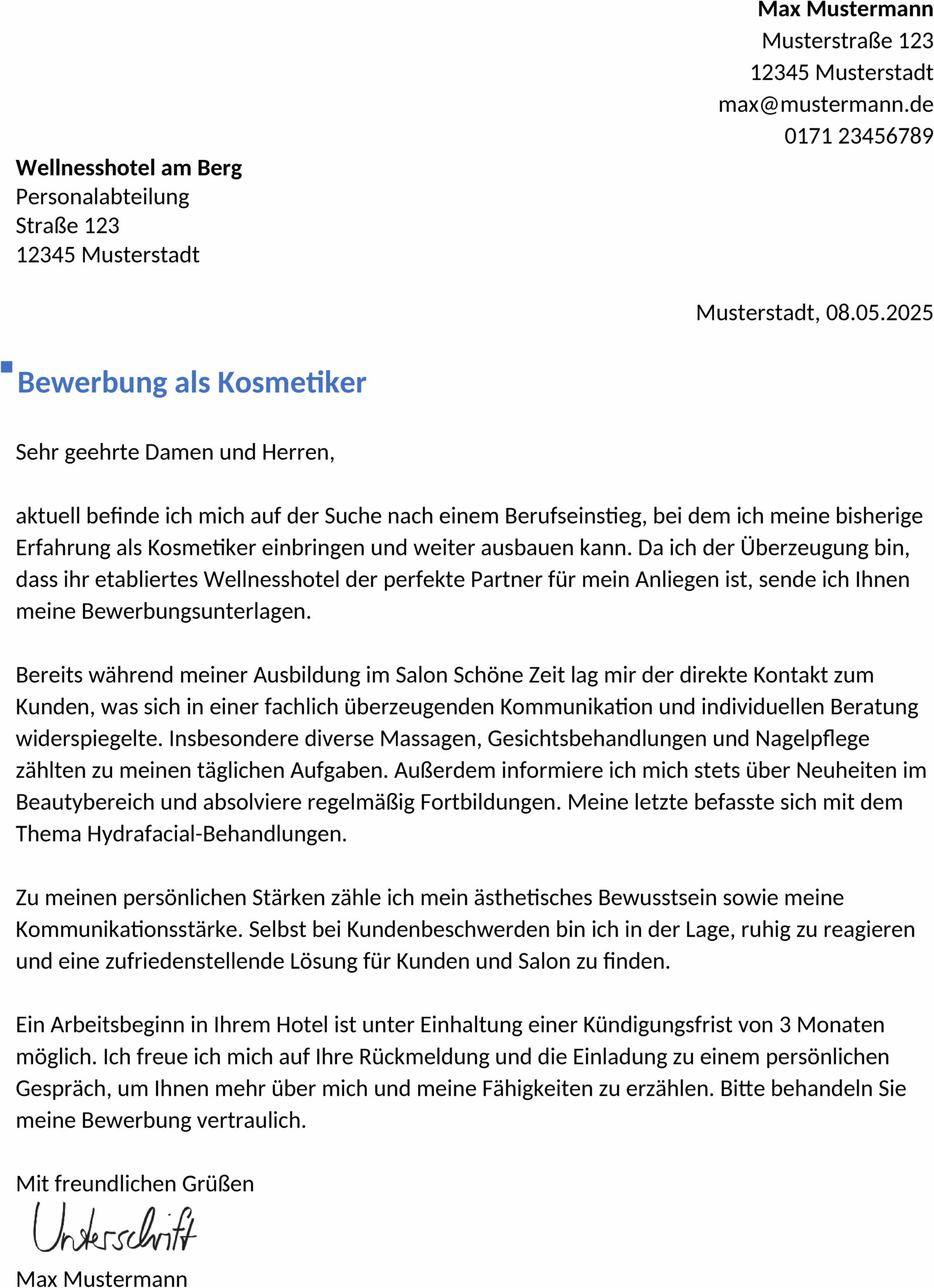Word Vorlage Bewerbung Kosmetikerin Berufseinstieg