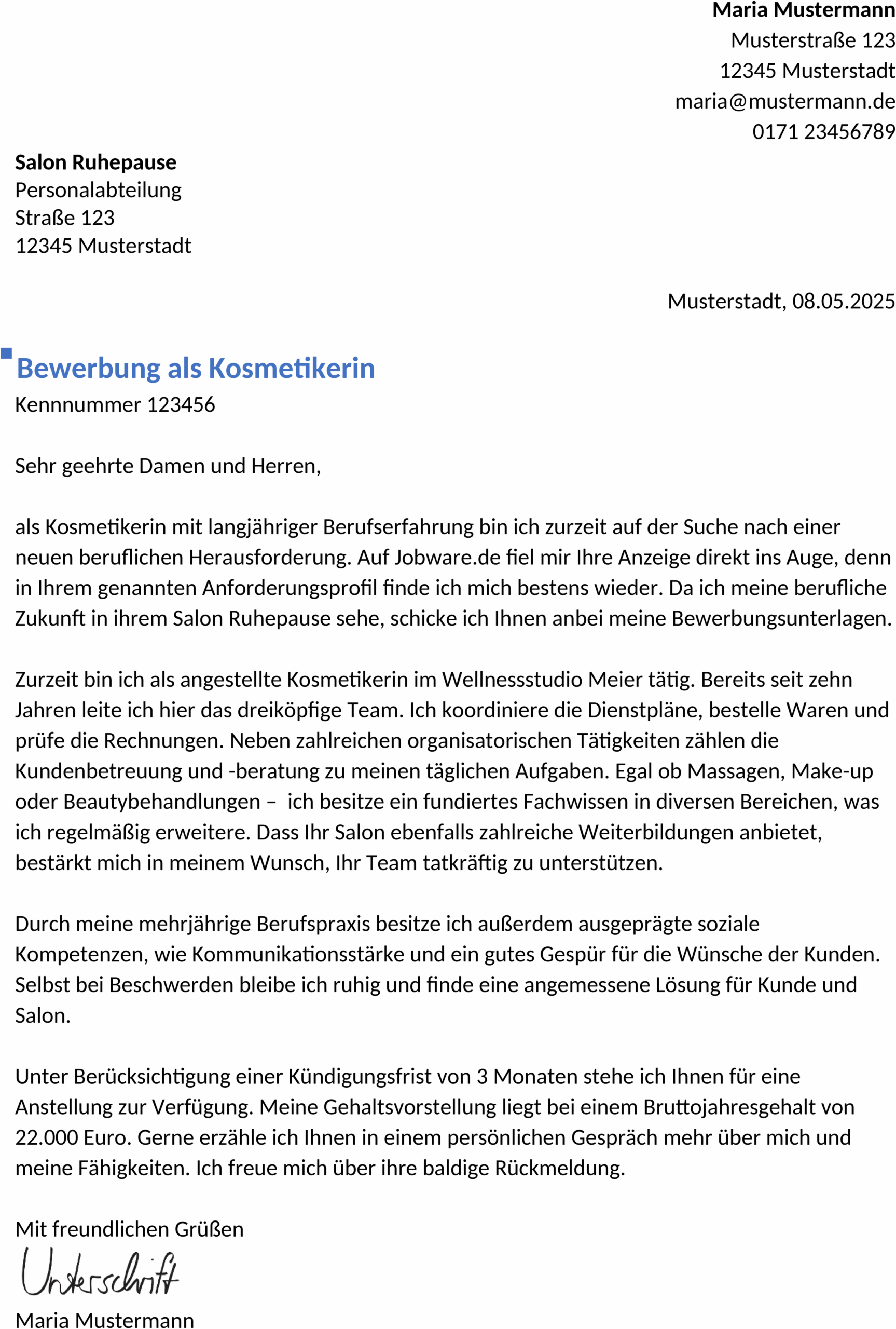 Bewerbungsvorlage KosmetikerIn Berufserfahren