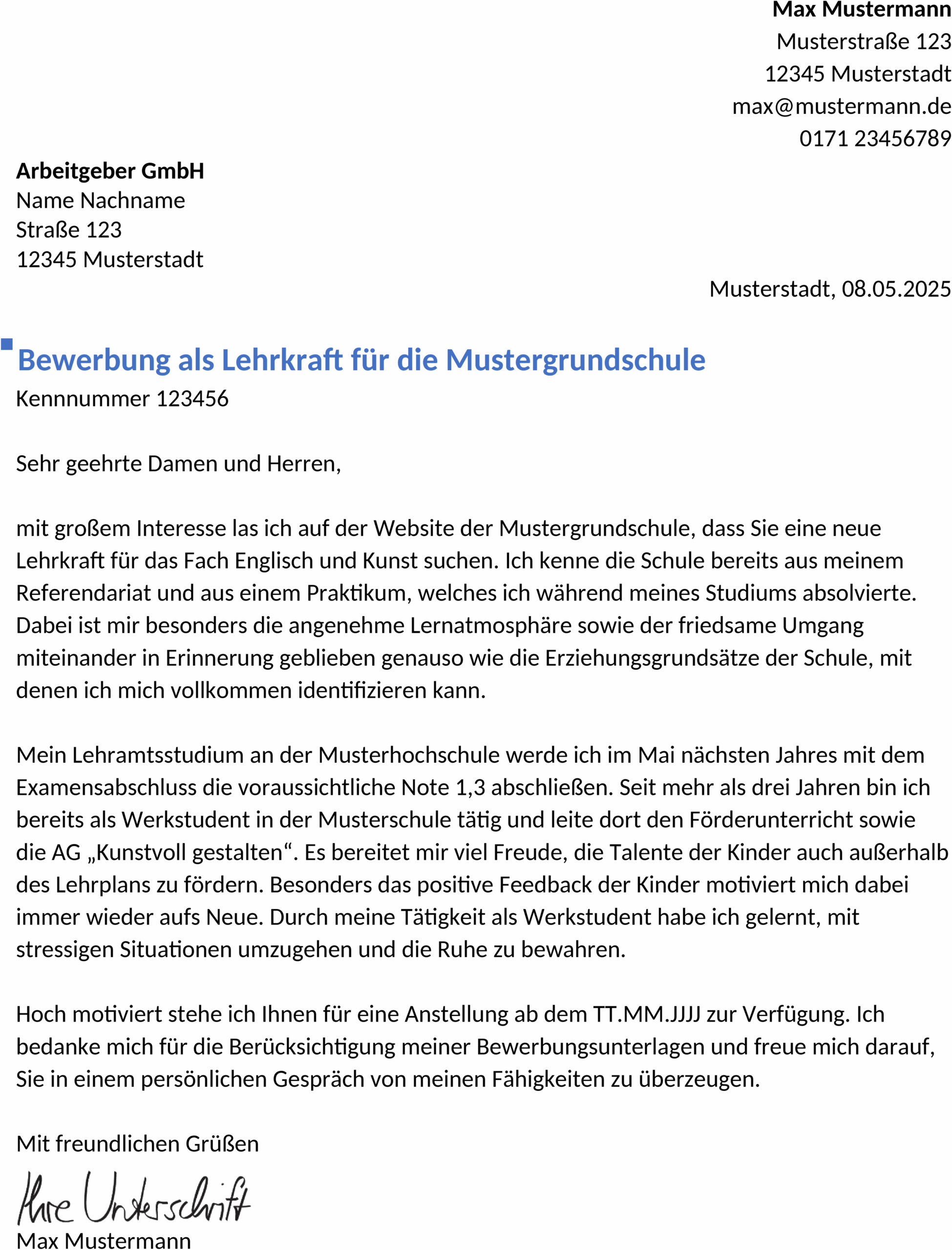 Bewerbungsvorlage Lehrer Berufseinstieg Word
