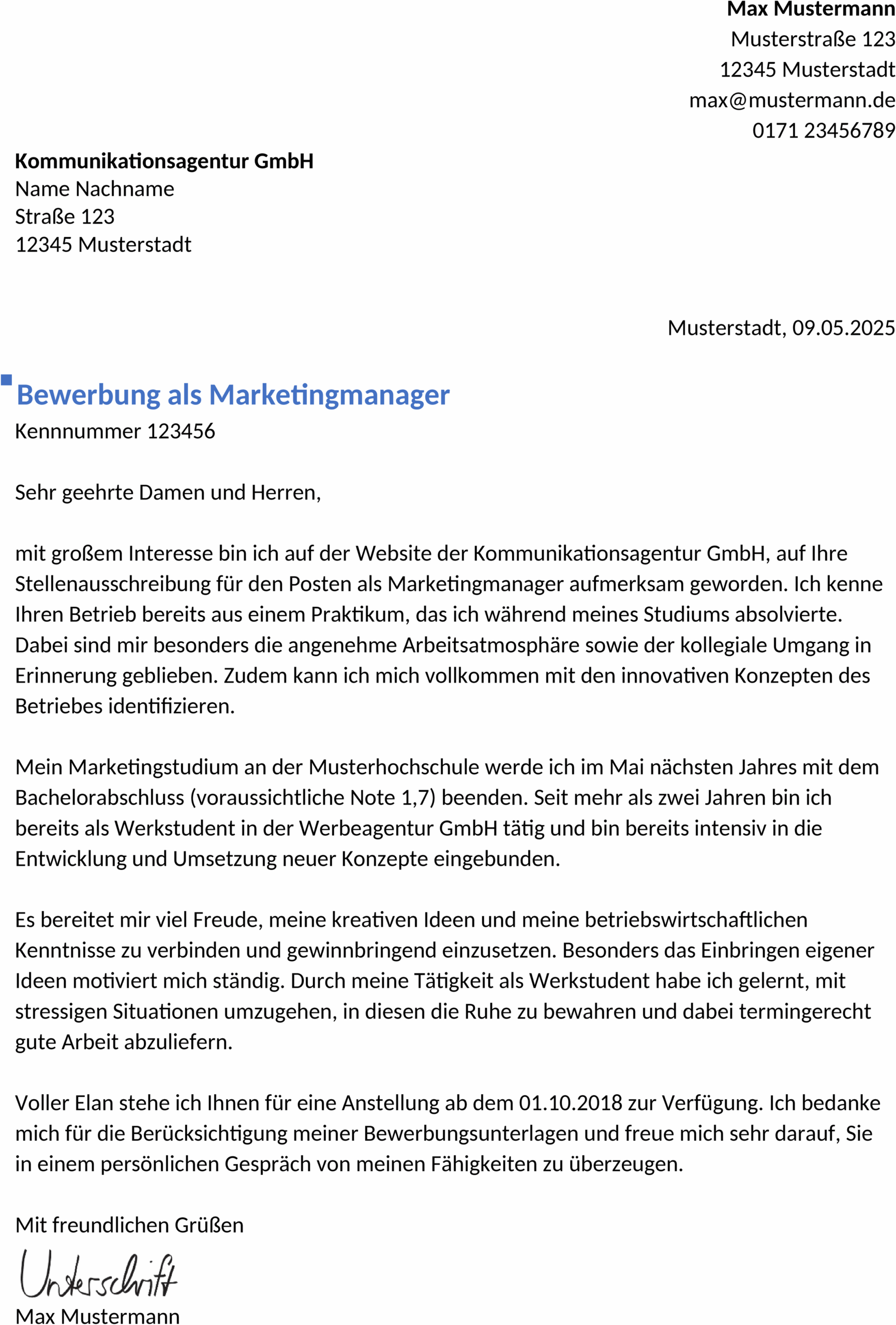 Word-Vorlage Bewerbung Marketing Berufseinstieg