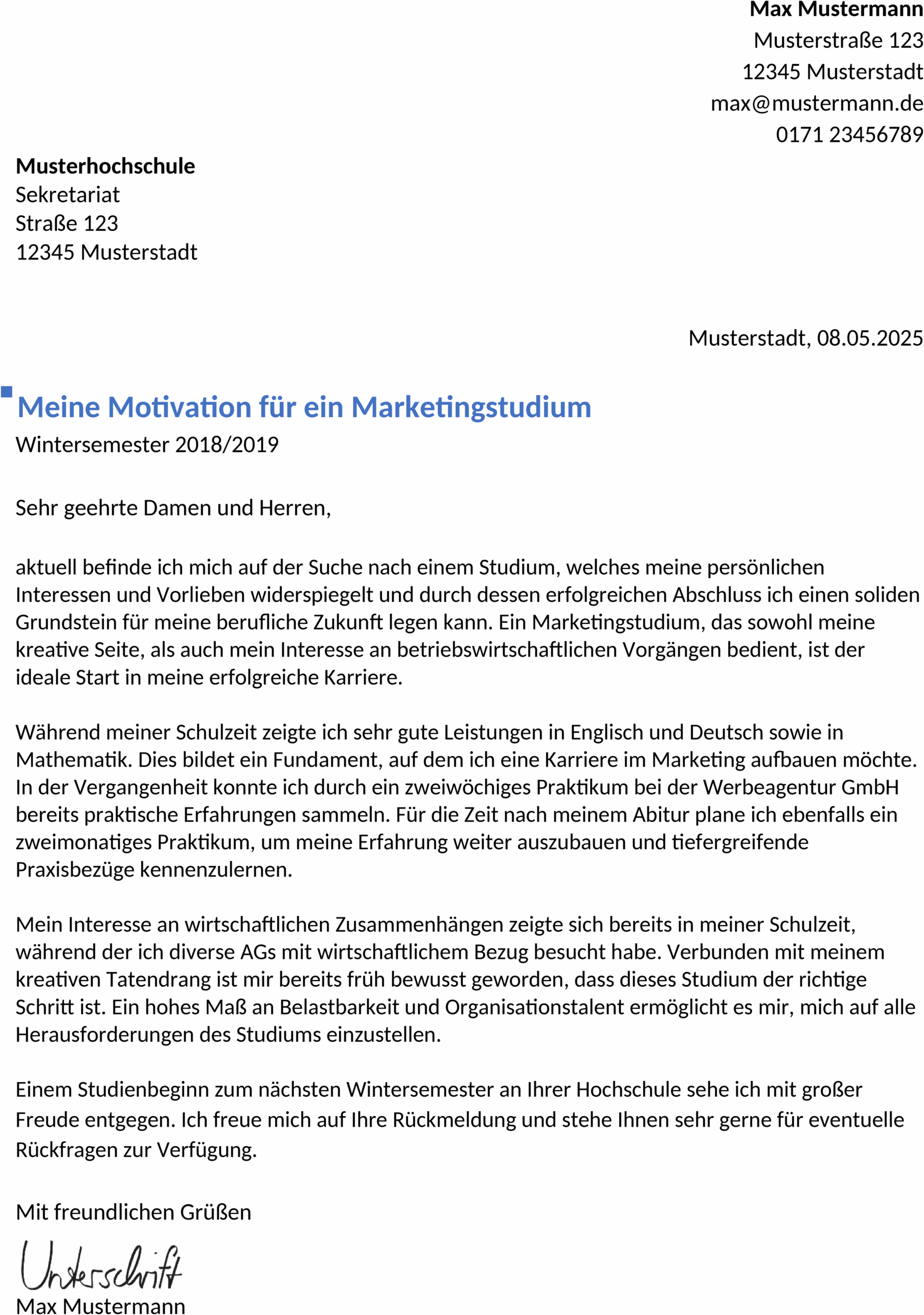 Bewerbungsvorlage für ein Marketing-Studium
