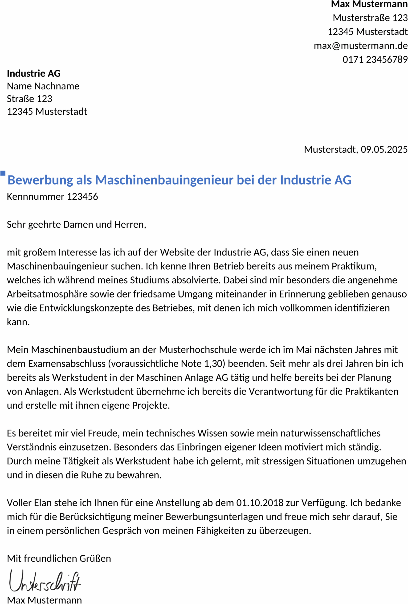 Bewerbungsvorlage Maschinenbauingenieur Berufseinstieg