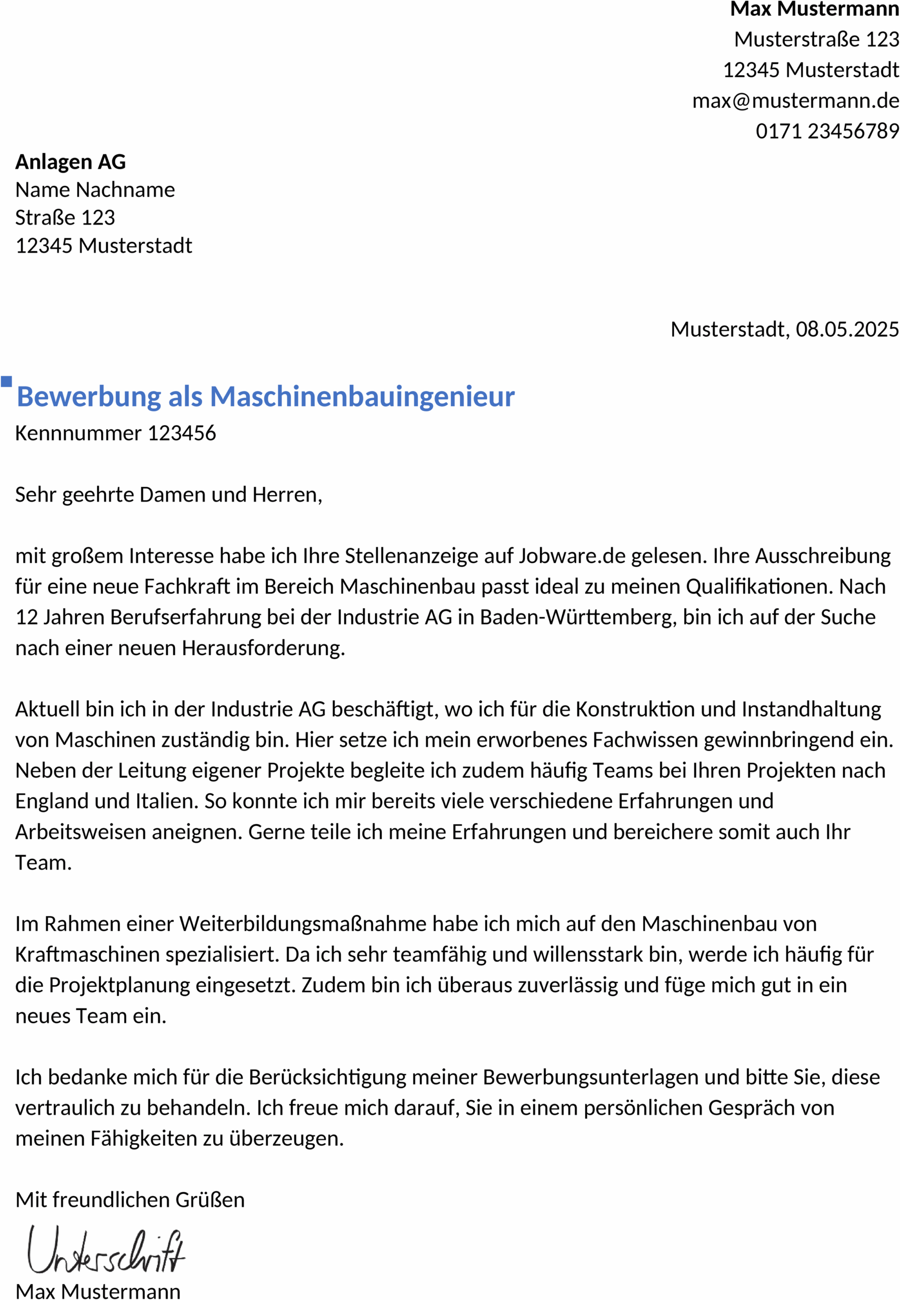 Word-Vorlage Bewerbung MaschinenbauingenieurIn Berufserfahren