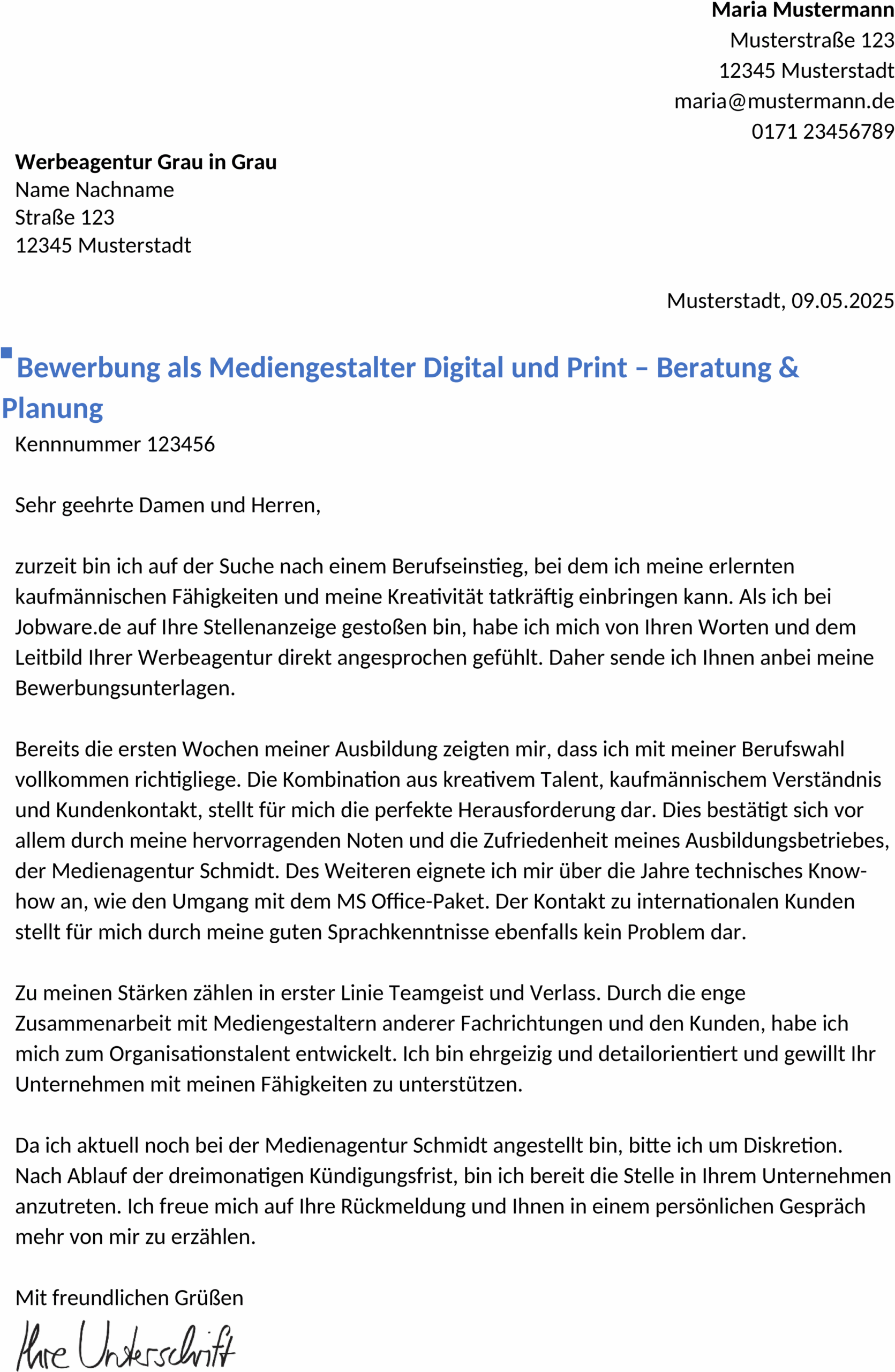 Word-Vorlage Bewerbung Mediengestalter Berufseinsteiger