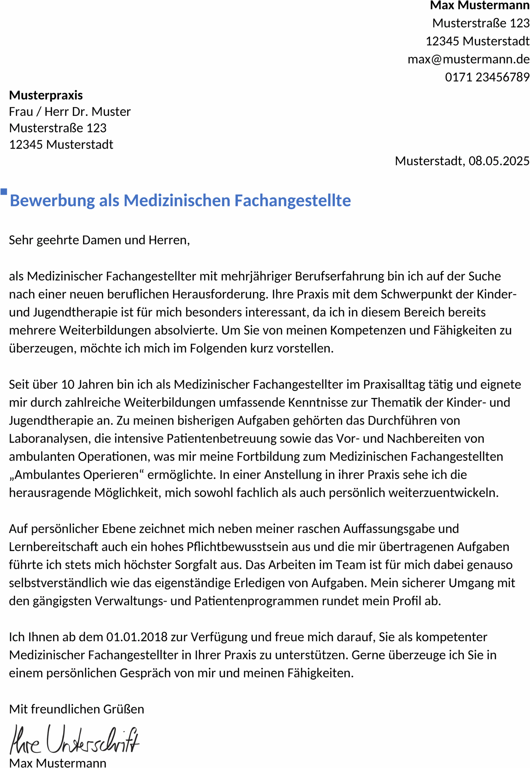 Word-Vorlage Bewerbung als MFA mit Berufserfahrung
