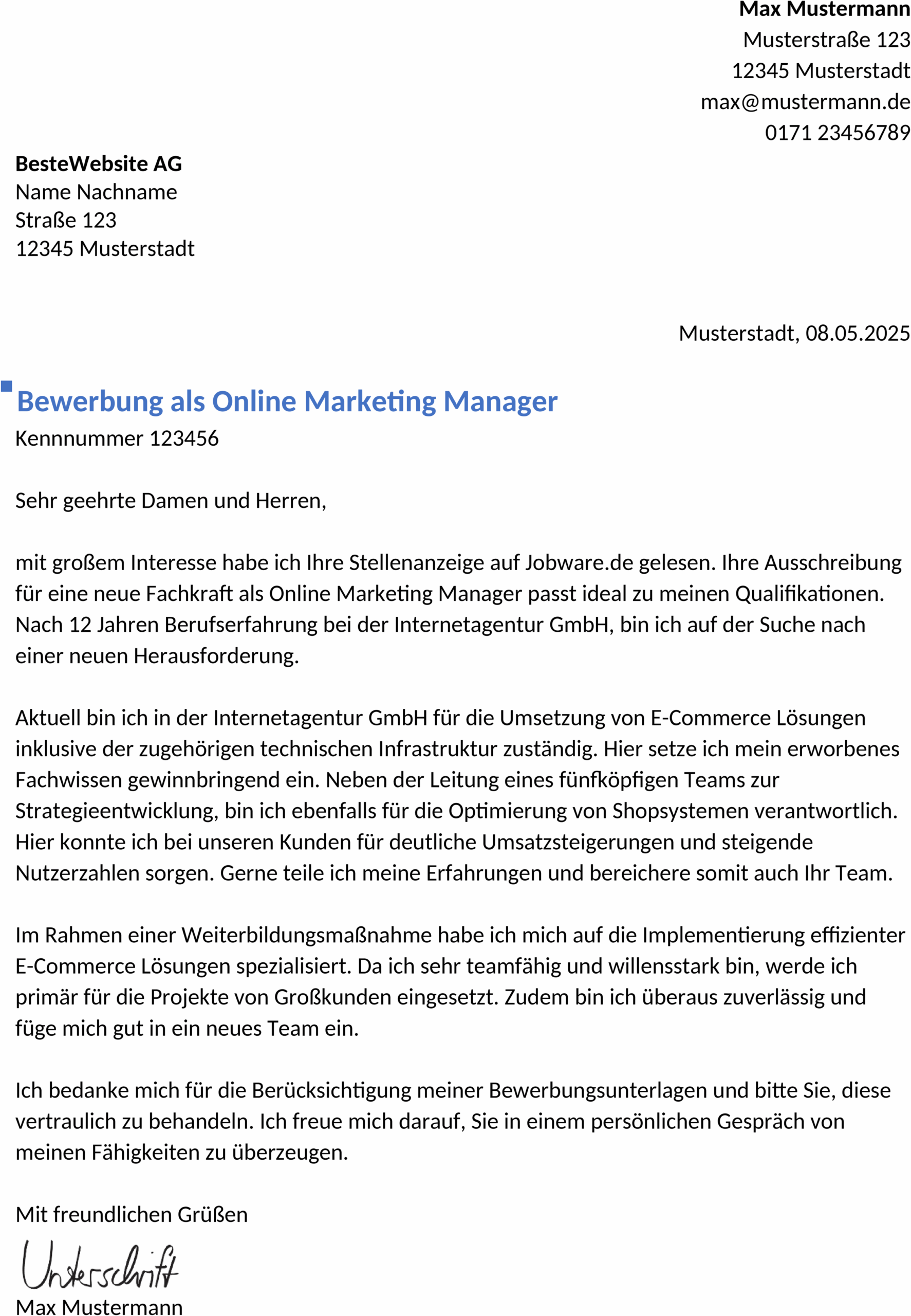 Word-Vorlage Bewerbung Online-Marketing Berufserfahren
