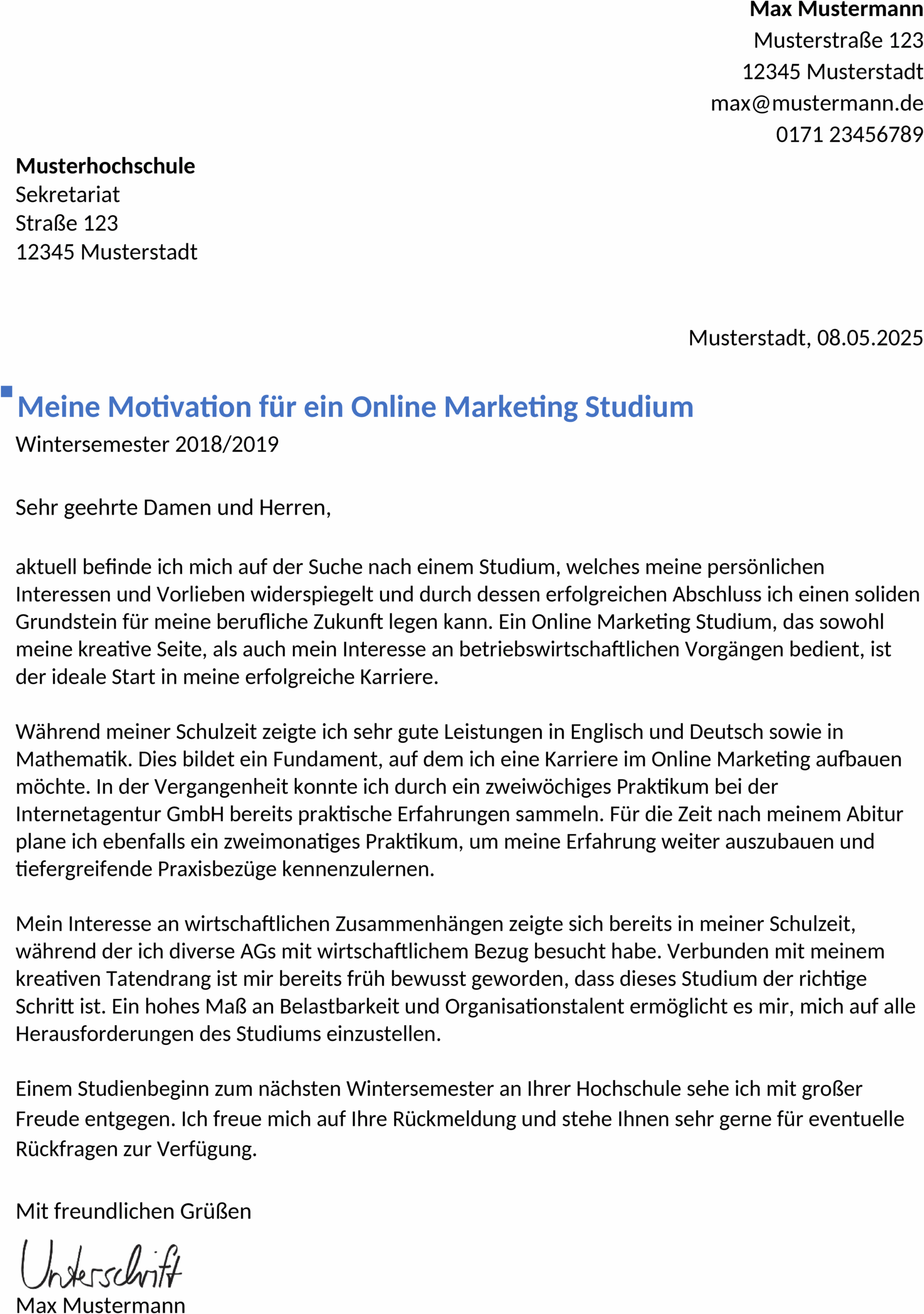 Word-Vorlage für Online-Marketing-Bewerbungen