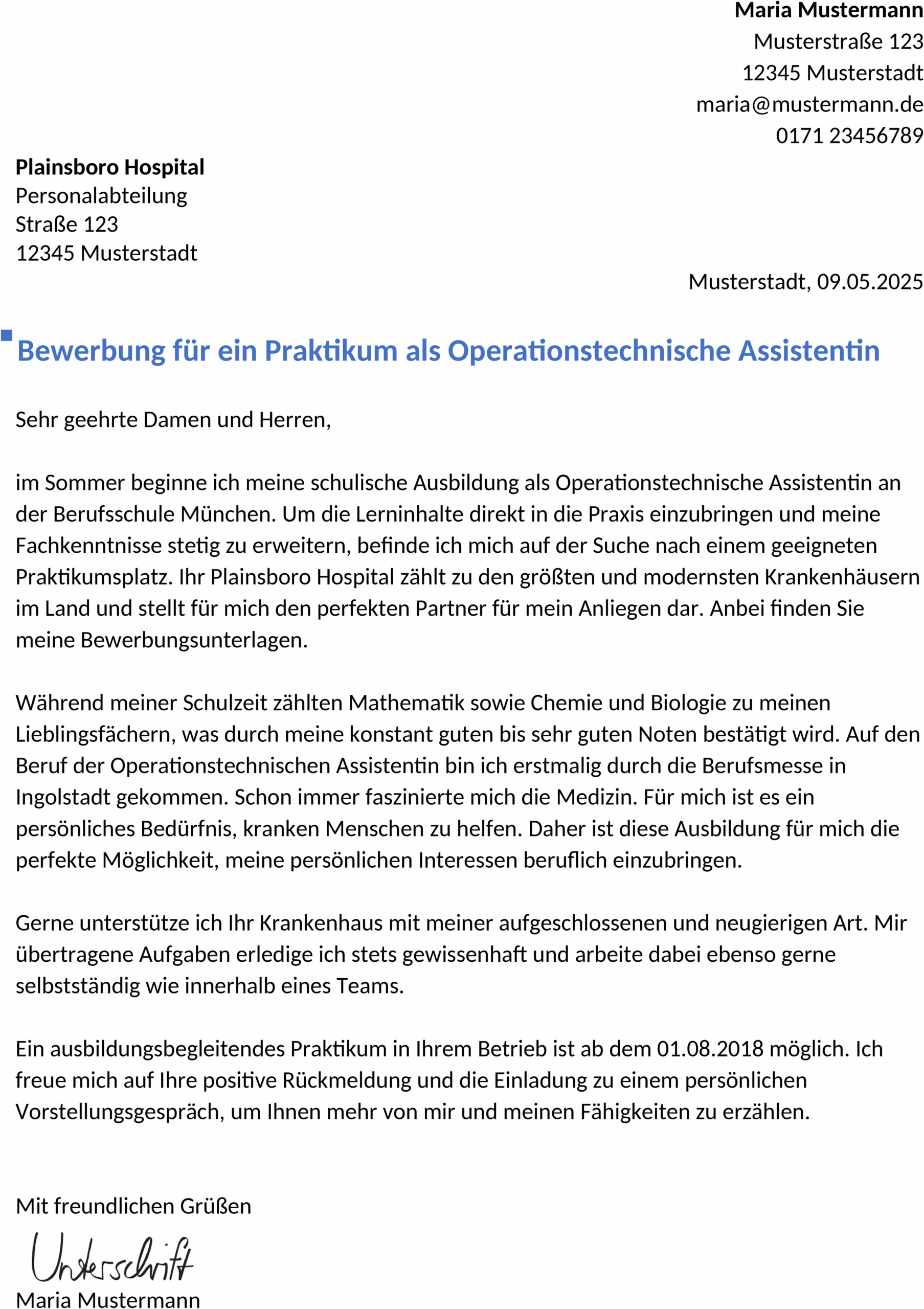 Bewerbungsvorlage im DOCX-Format für ein OTA-Praktikum