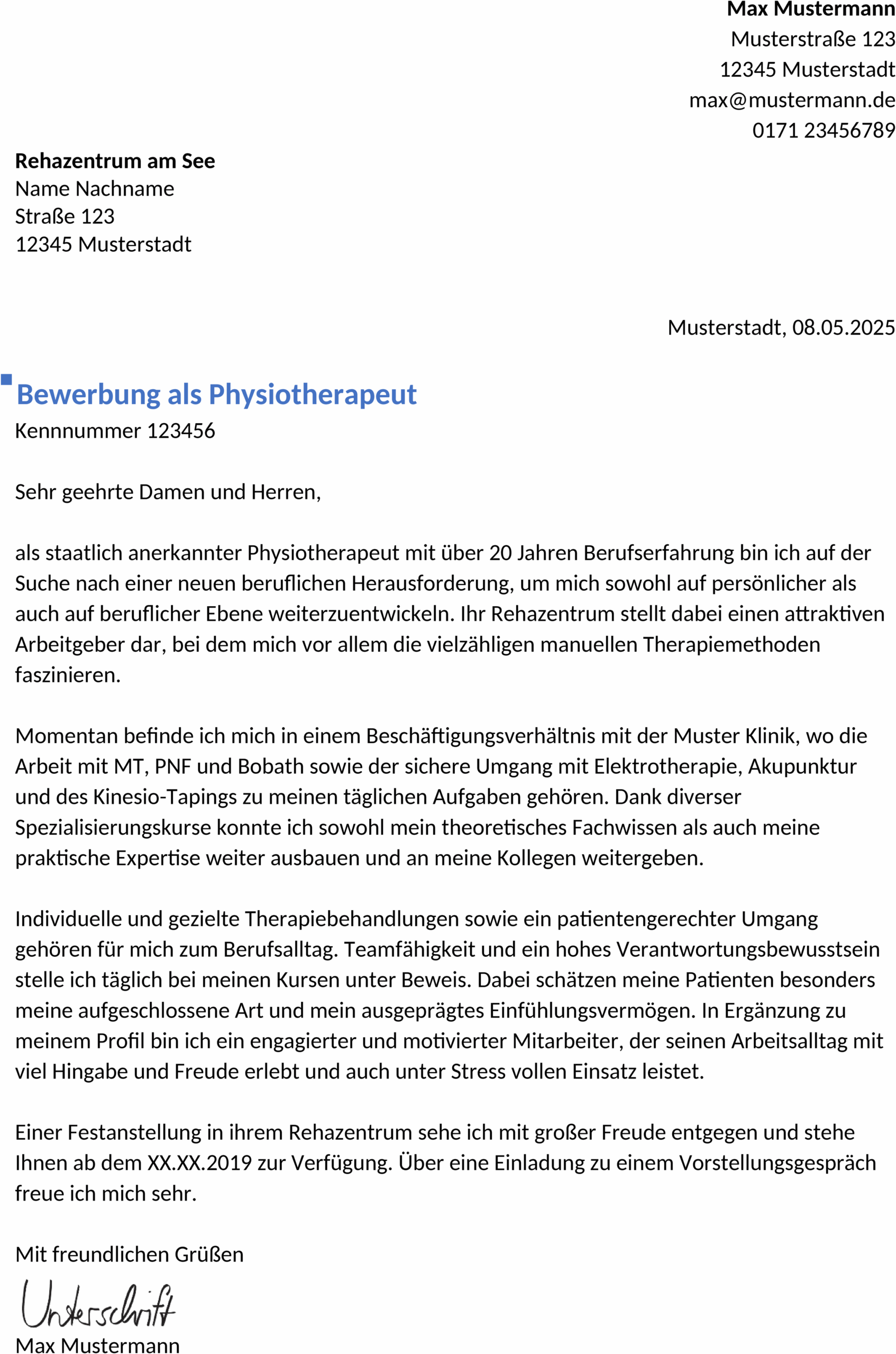 Word Vorlage Bewerbung Physiotherapeut Berufserfahren
