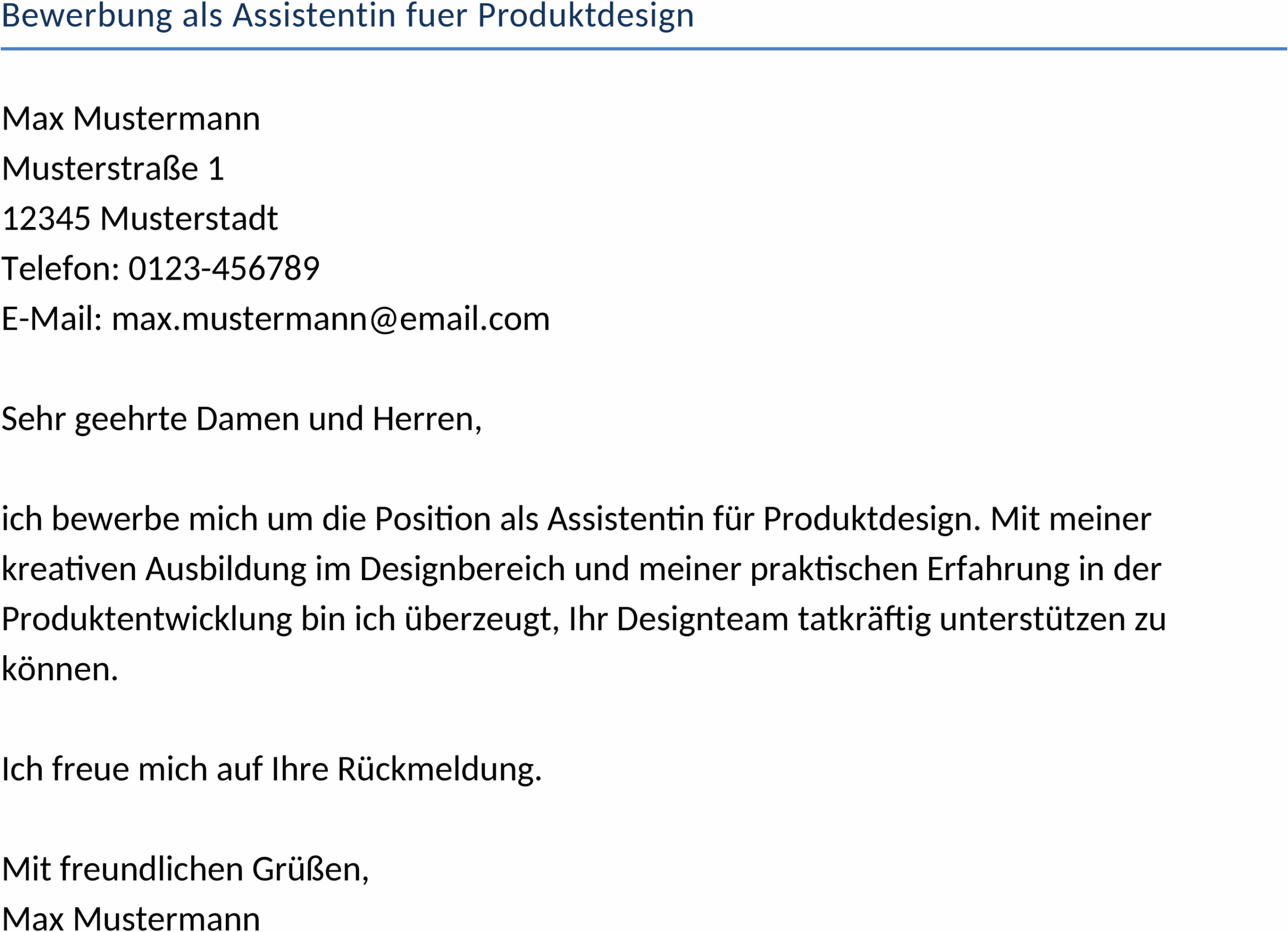 Bewerbung als Assistentin für Produktdesign - Word-Dokument
