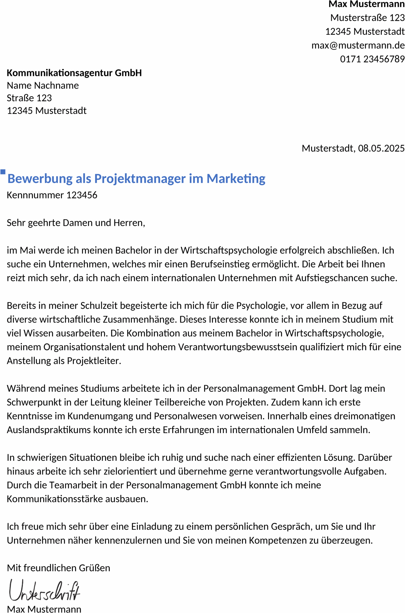 Word-Vorlage Bewerbung ProjektmanagerIn Berufseinstieg