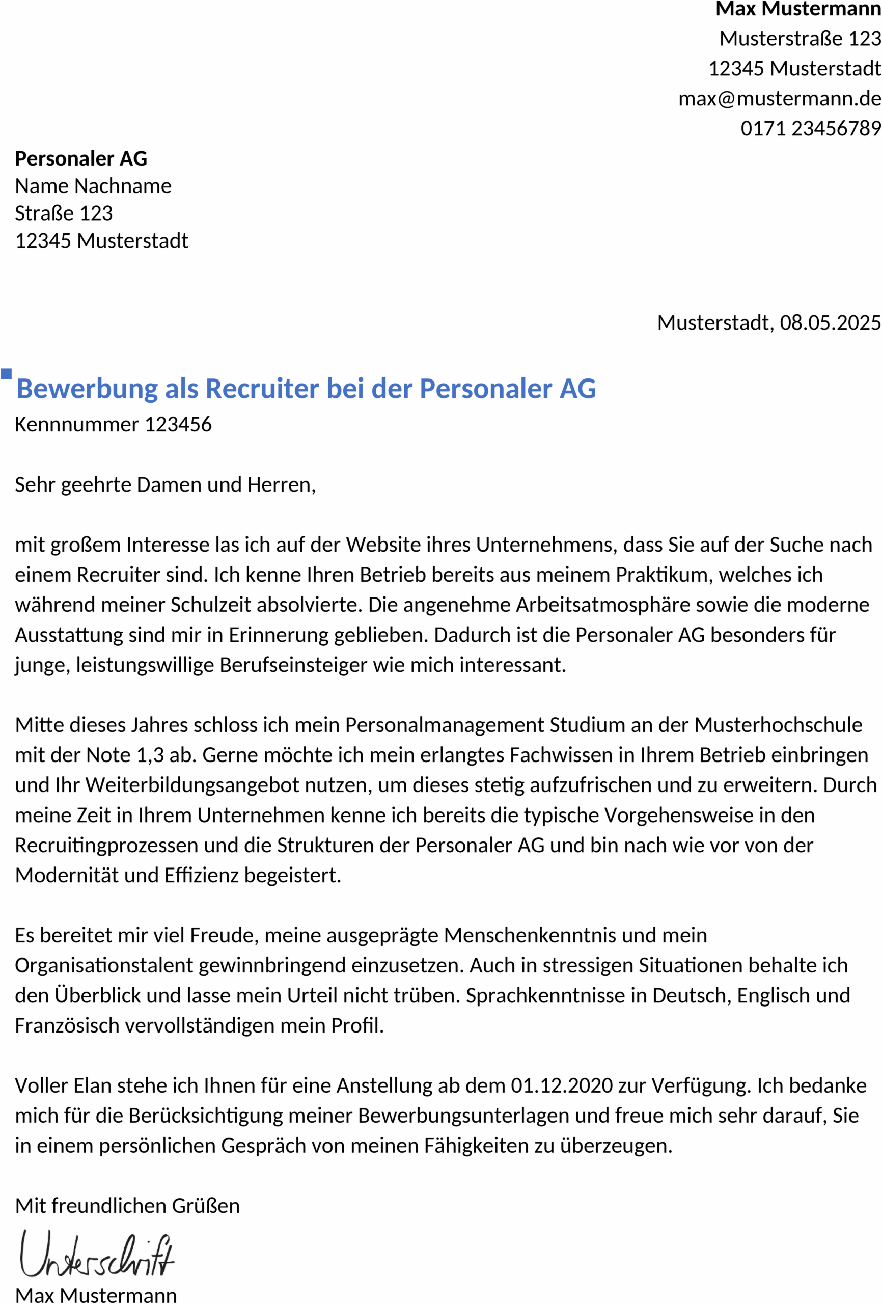 Bewerbungsvorlage Recruiter Berufseinstieg
