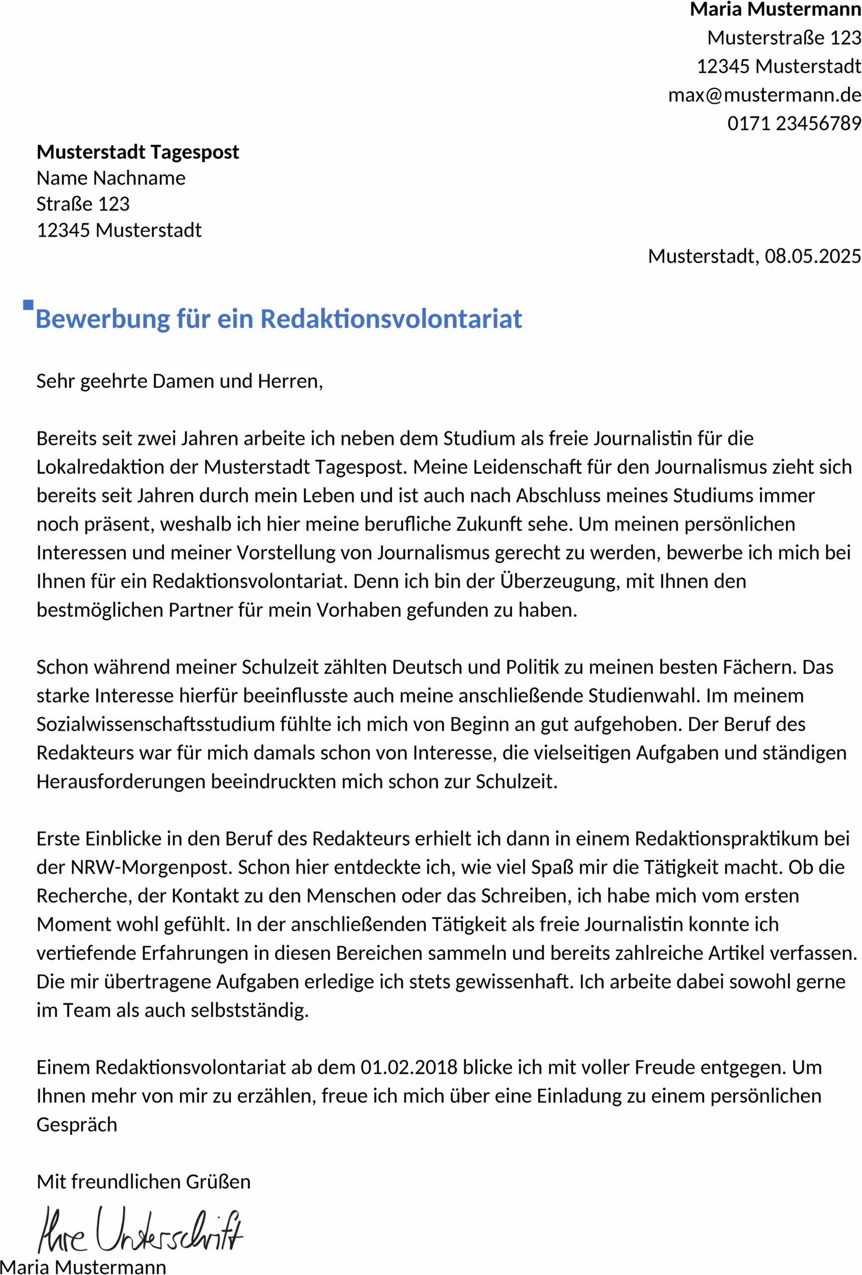 Word-Vorlage Bewerbung Redakteur Volontariat