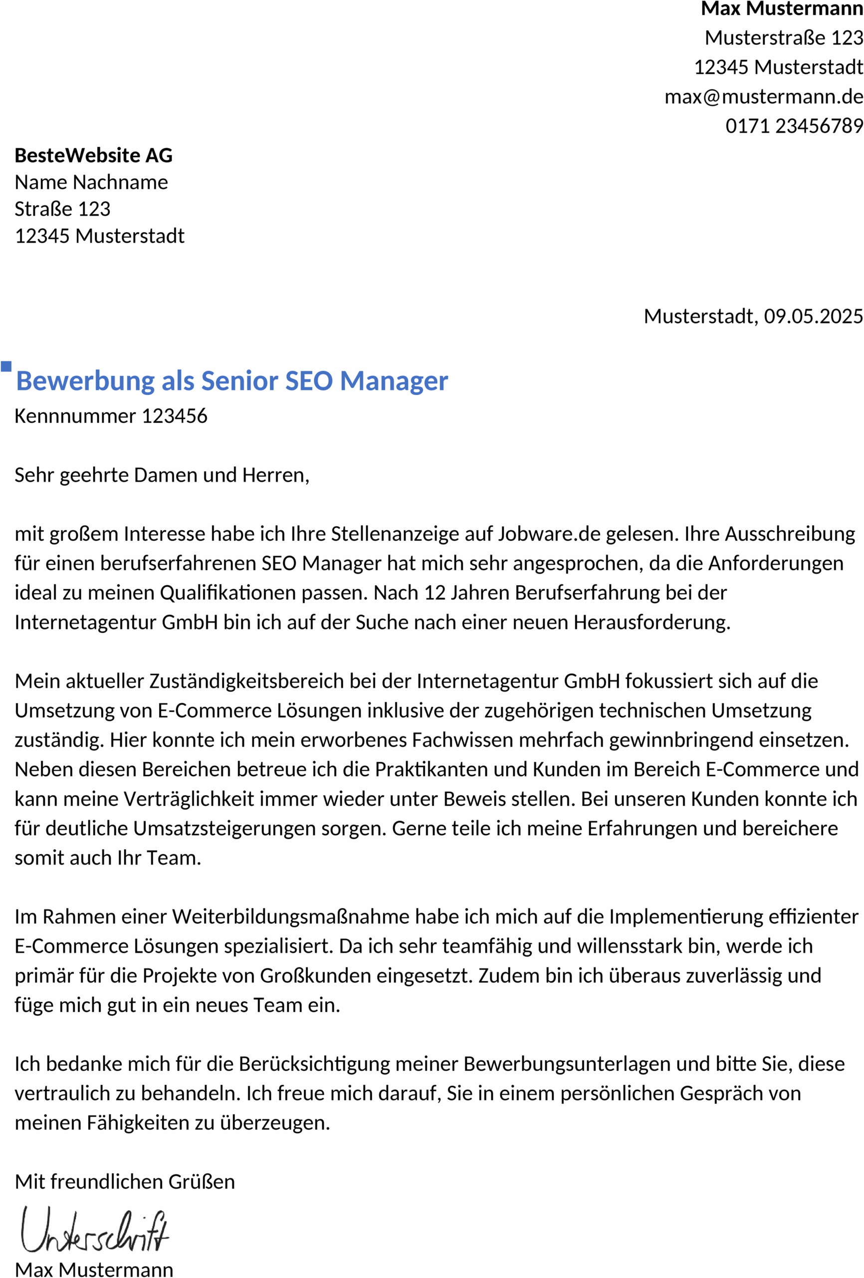 Bewerbungsvorlage für SEO-Manager mit Berufserfahrung
