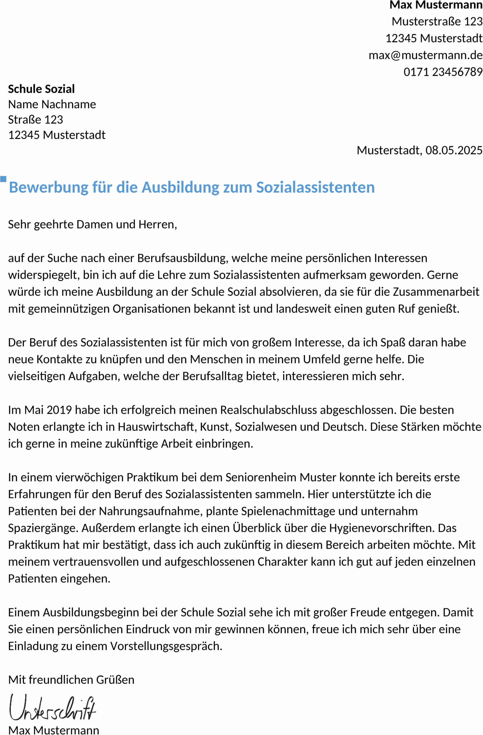 Bewerbungsvorlage Sozialassistent:in Ausbildung
