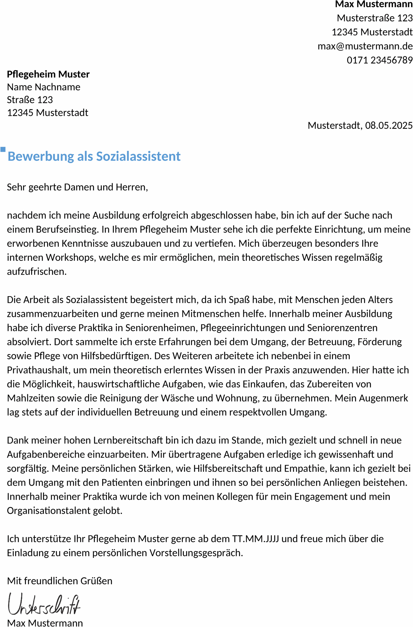 Bewerbungsvorlage Sozialassistenten Berufseinstieg