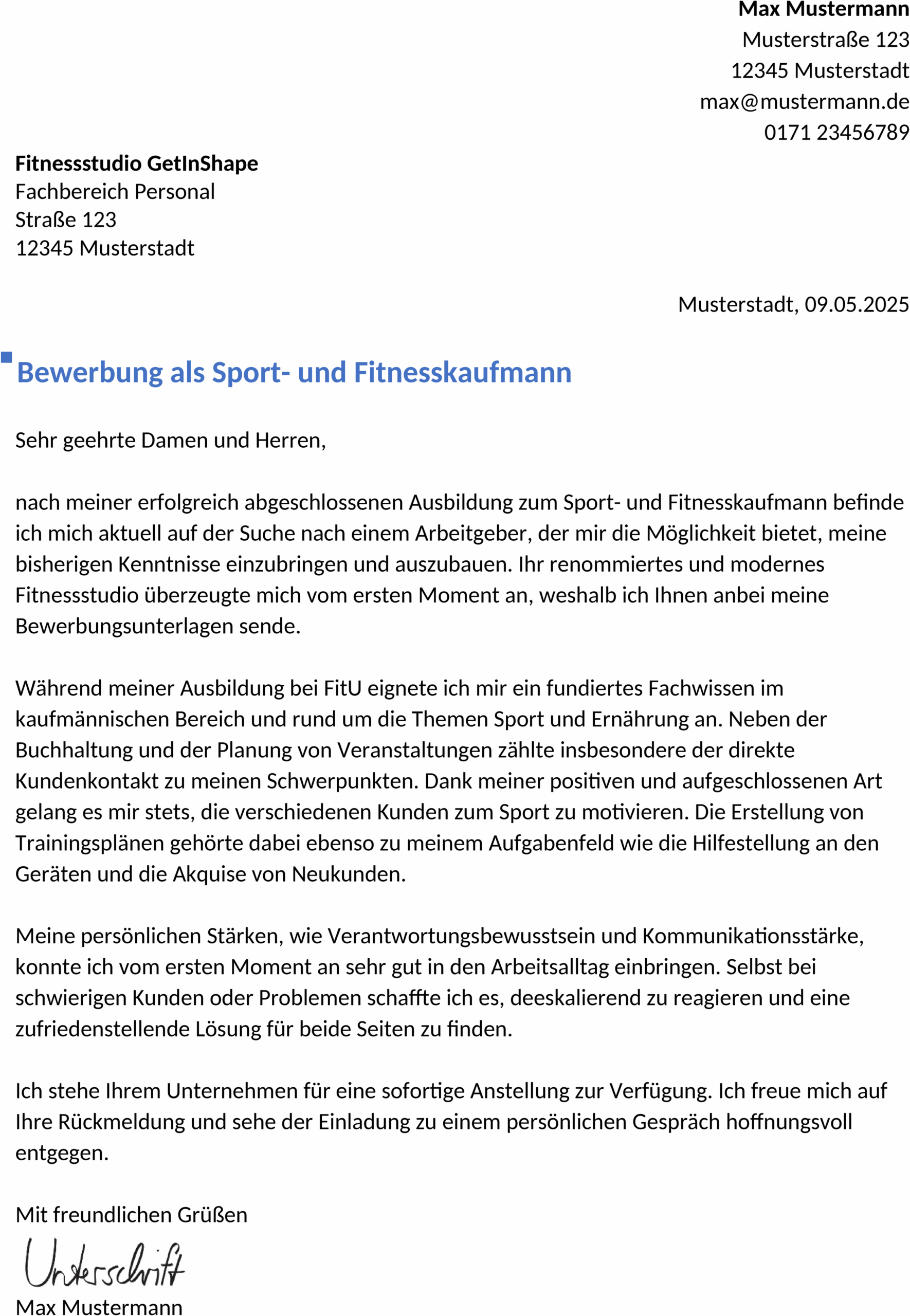 Word Vorlage Bewerbung Sport- und Fitnesskaufmann/-frau