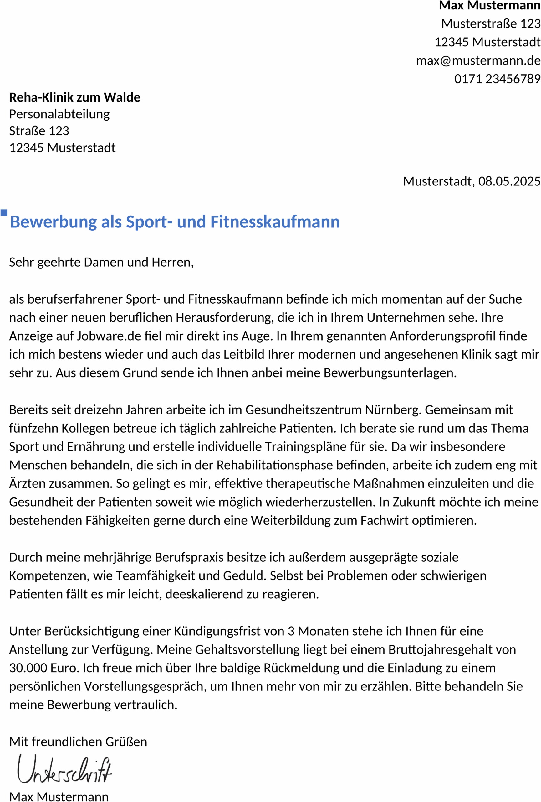 Bewerbungsvorlage Sport- und Fitnesskaufmann/-frau für Berufserfahrene