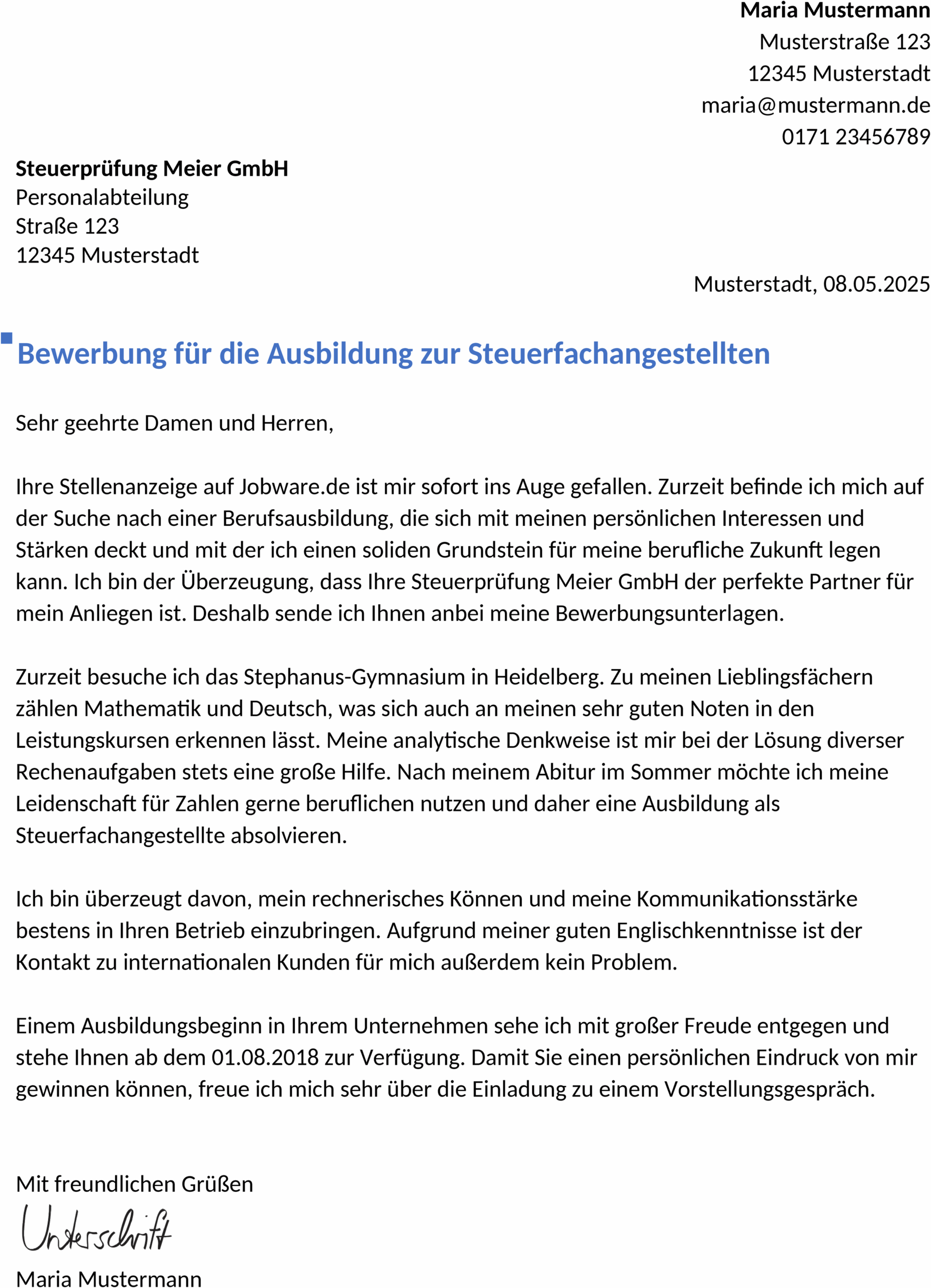 Word-Vorlage Bewerbung Steuerfachangestellte/r Ausbildung
