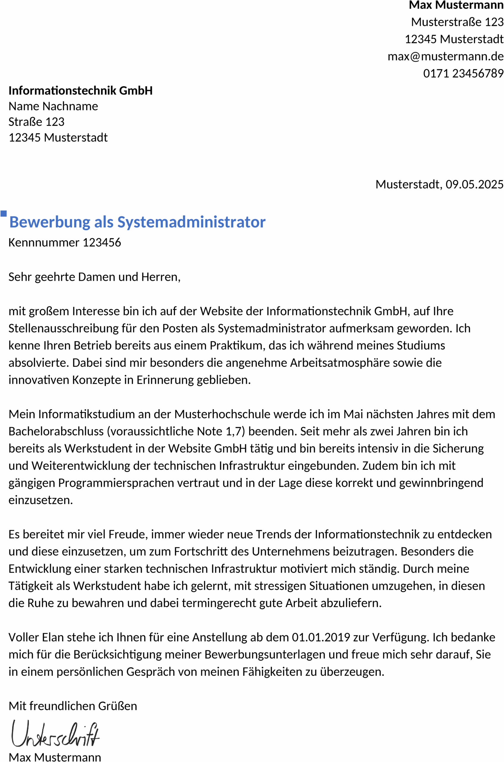Bewerbungsvorlage Systemadministrator Berufseinstieg