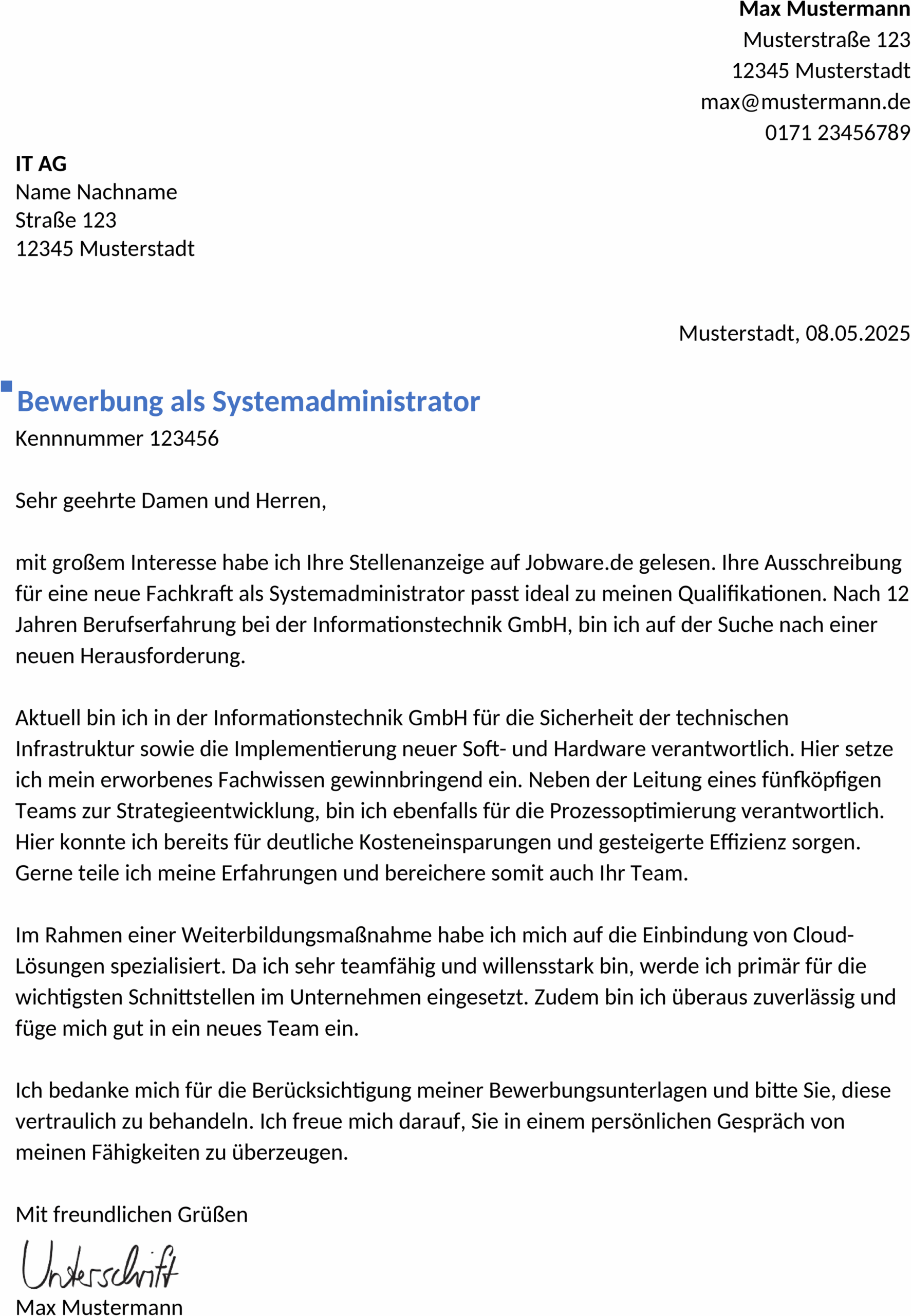 Bewerbungsvorlage SystemadministratorIn Berufserfahren