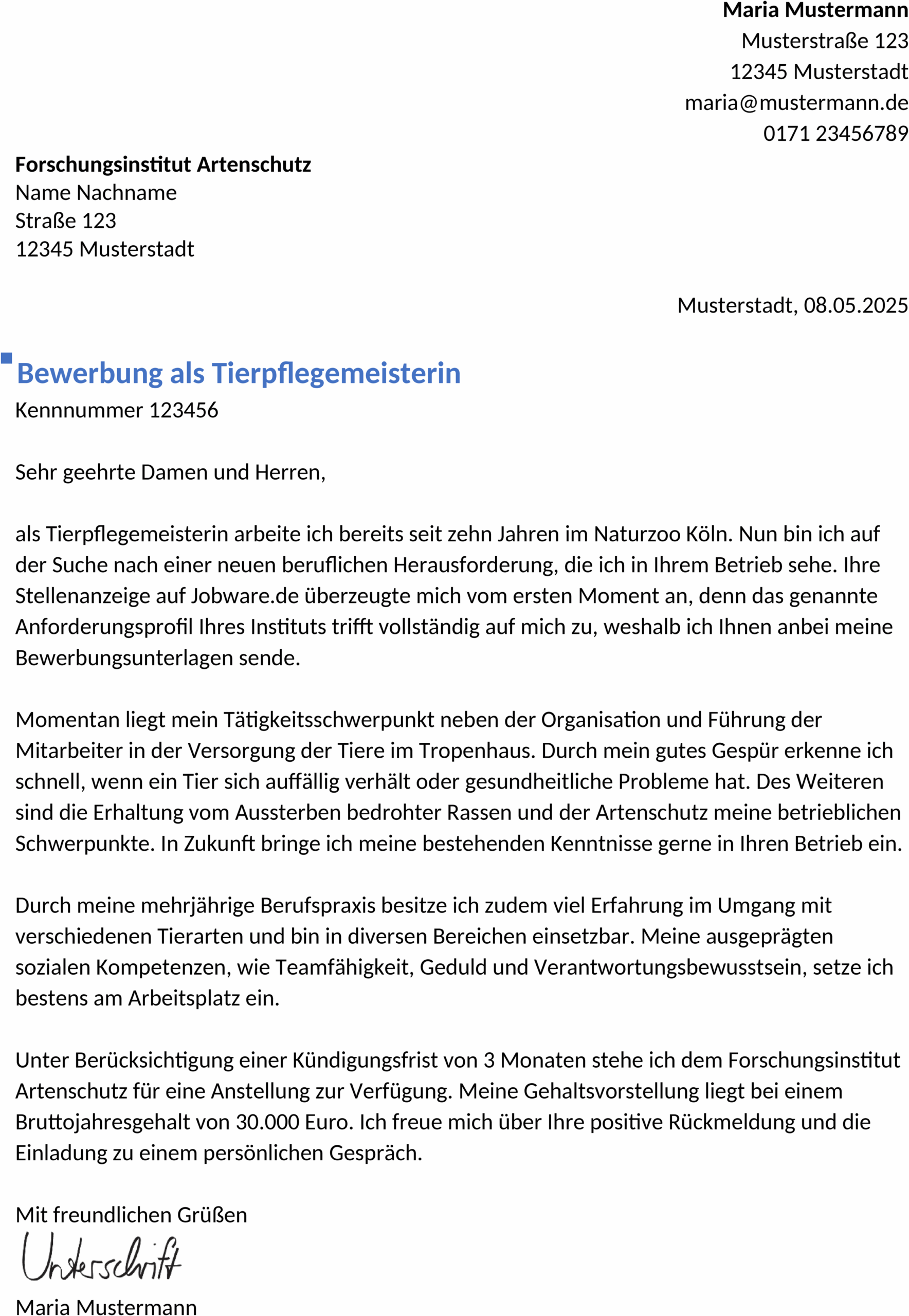 Word-Vorlage: Bewerbung als TierpflegerIn mit Berufserfahrung