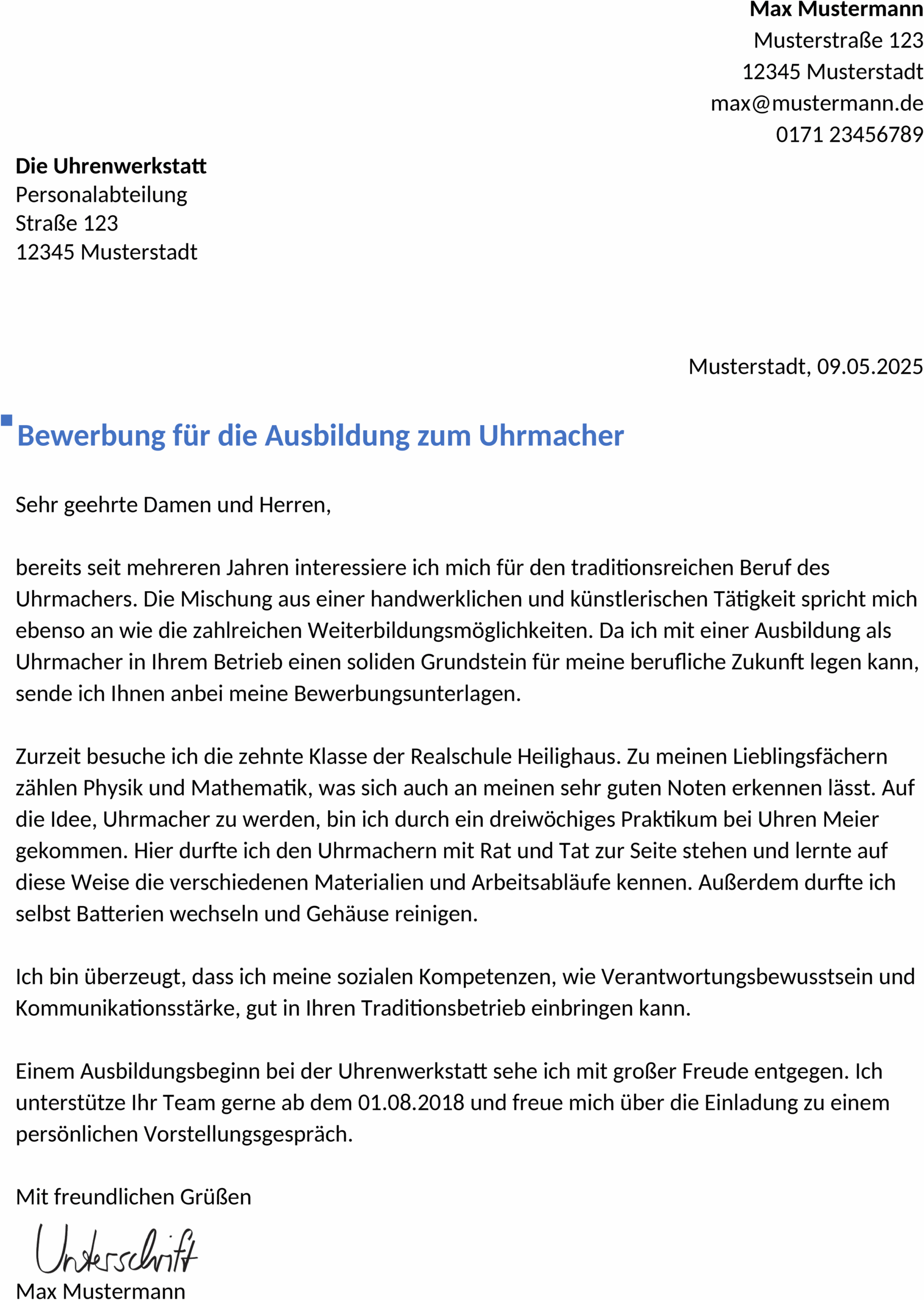 Bewerbung Word-Vorlage für Uhrmacher-Ausbildung