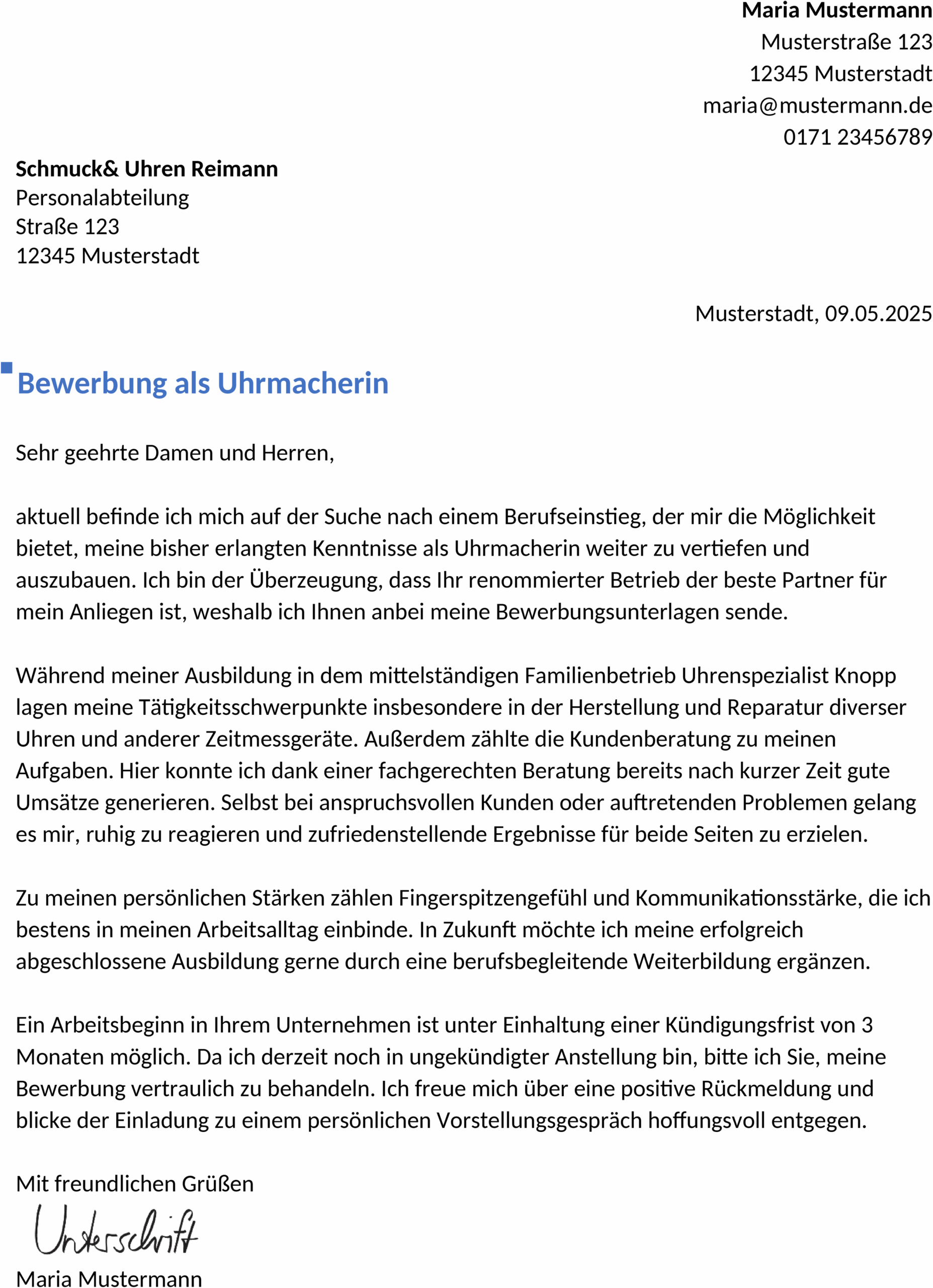 Bewerbungsvorlage Uhrmacher Berufseinstieg