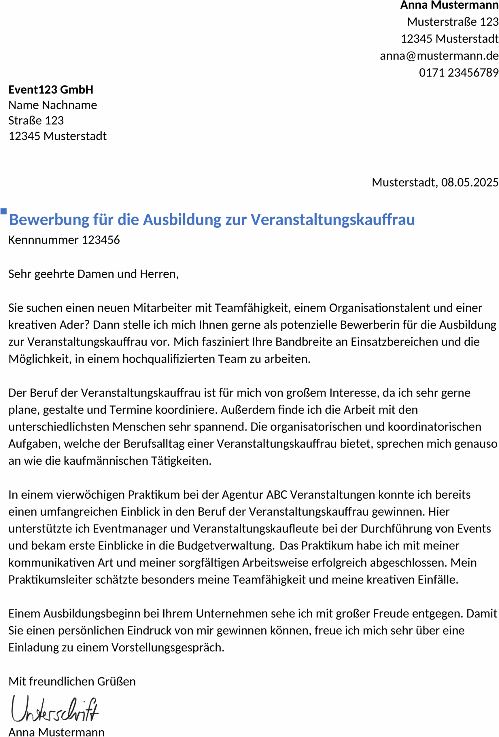 Bewerbungsvorlage Veranstaltungskaufmann/-frau Ausbildung