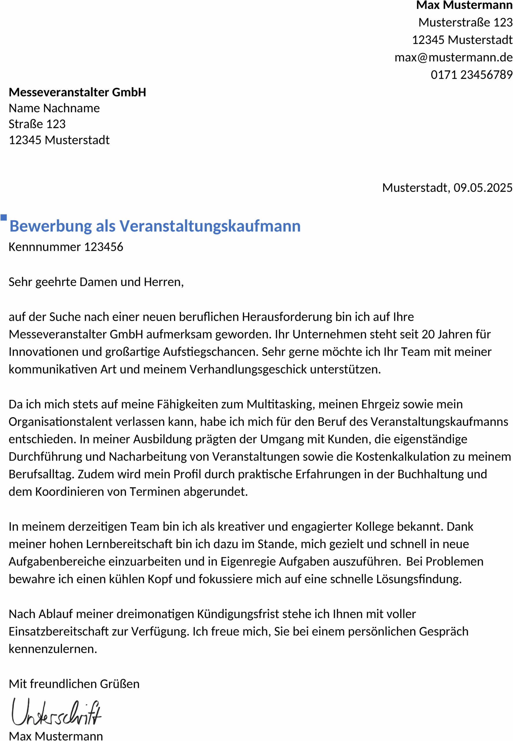 Word Vorlage Bewerbung Veranstaltungskaufmann/-frau Berufseinstieg