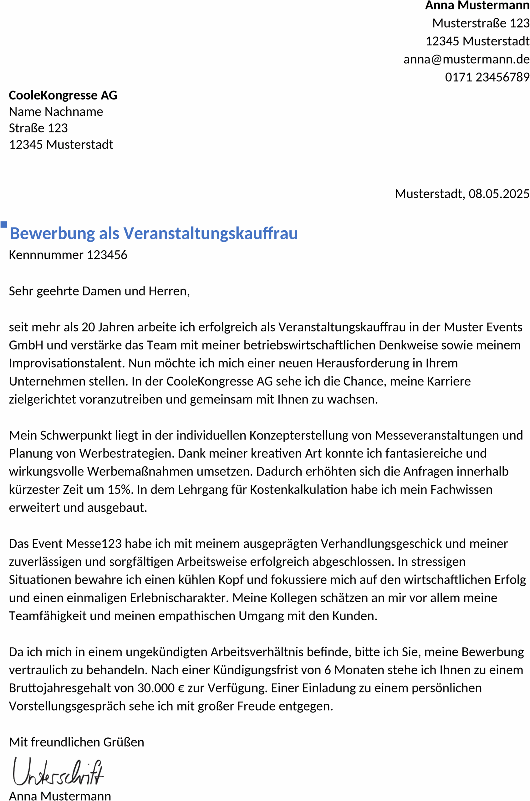 Bewerbungsvorlage Veranstaltungskaufmann/-frau Berufserfahren