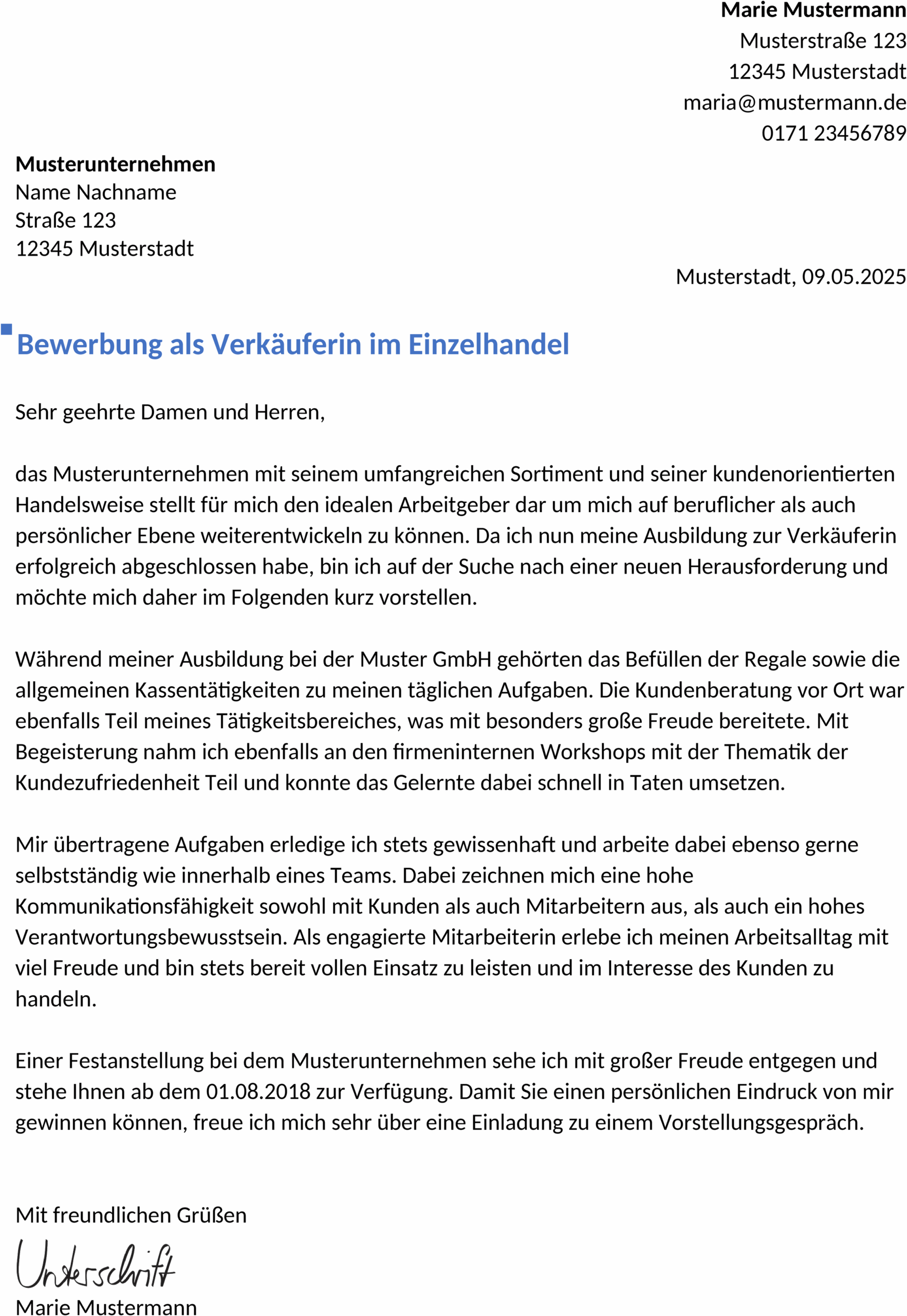 Bewerbungsvorlage Verkäufer Berufseinstieg