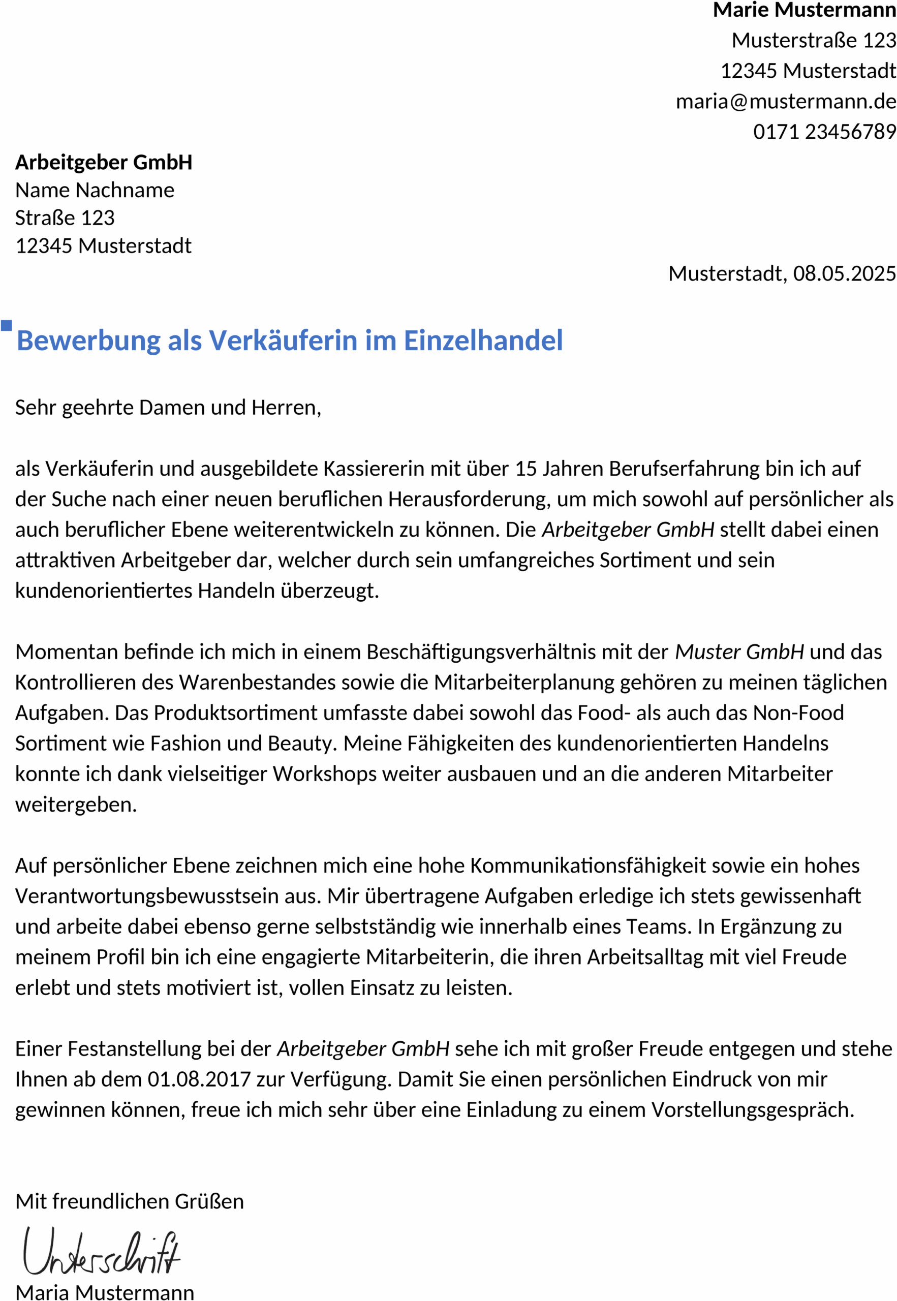 Word-Vorlage Bewerbung Verkäufer/in Berufserfahren