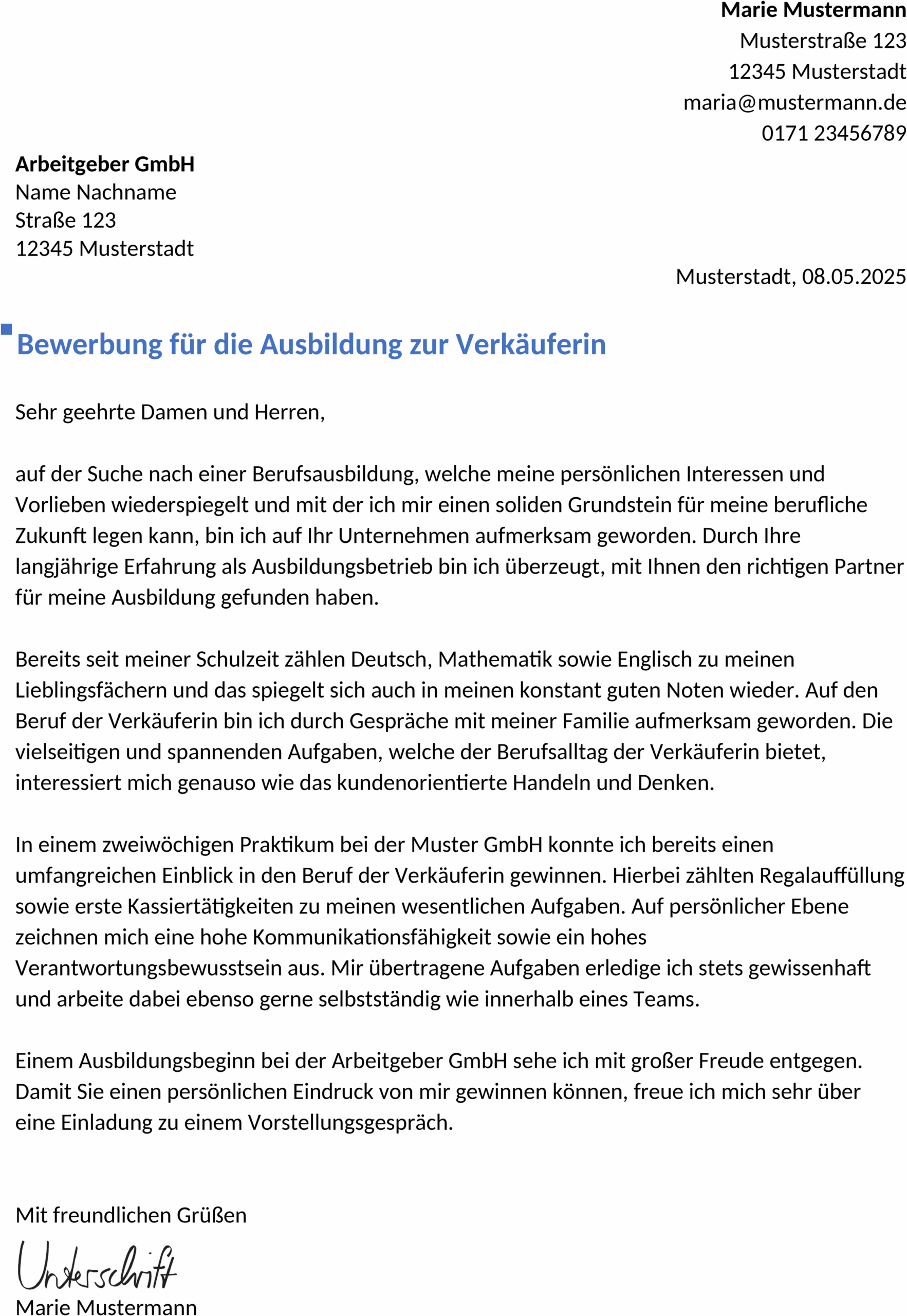 Word-Vorlage Bewerbung VerkäuferIn Ausbildung