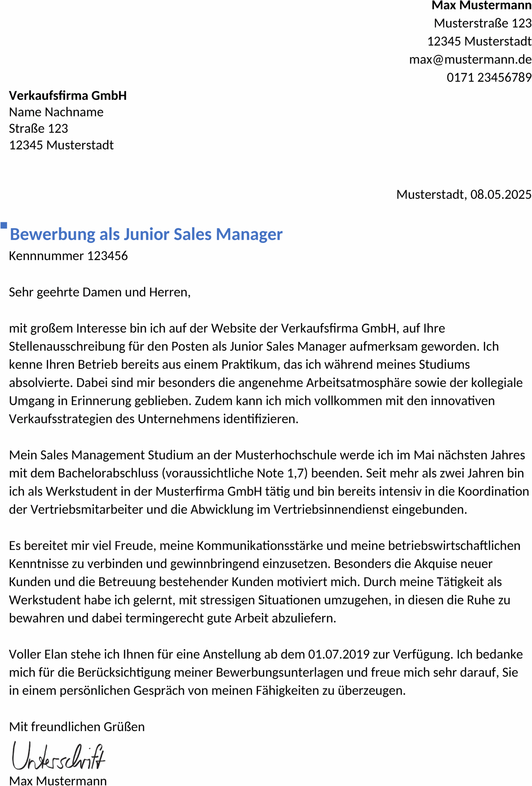 Word Bewerbungsvorlage Vertrieb Berufseinstieg