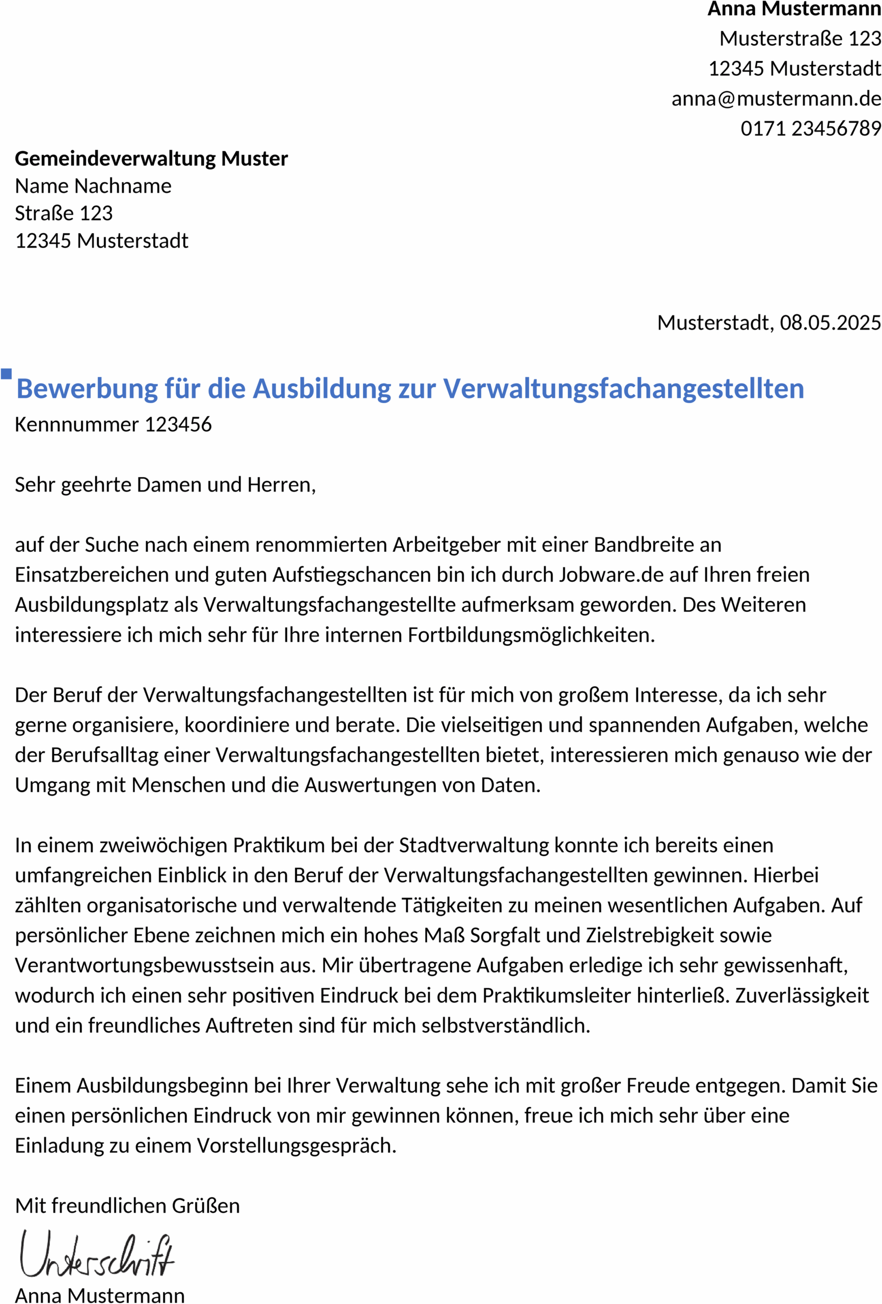 Word Vorlage Bewerbung Verwaltungsfachangestellte Ausbildung