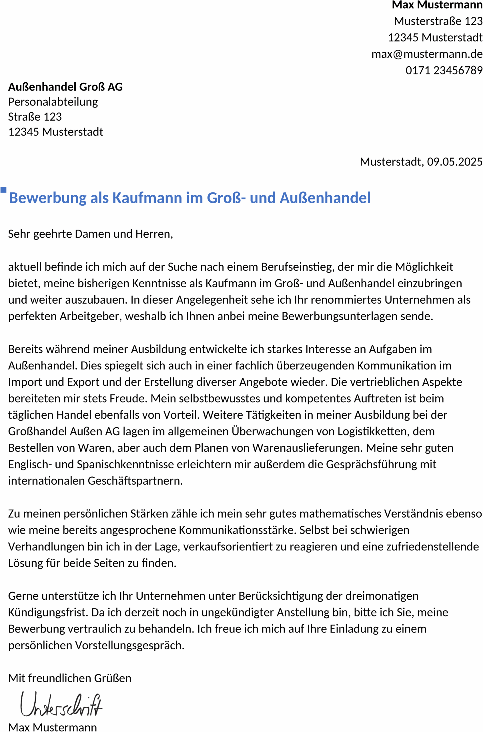 Bewerbungsvorlage für den Großaußenhandel Berufseinstieg