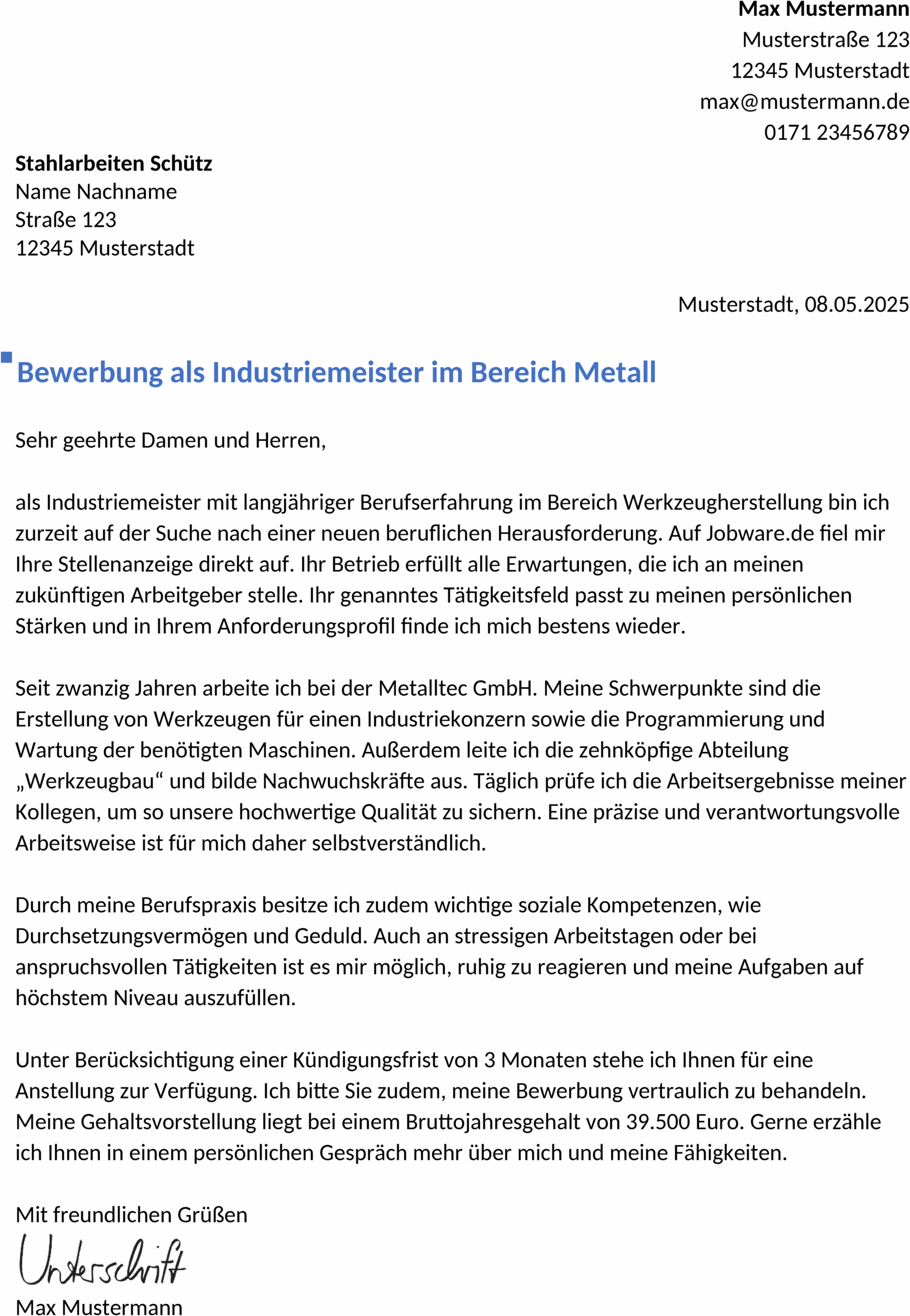 Word-Vorlage Bewerbung Werkzeugmechaniker Berufserfahren