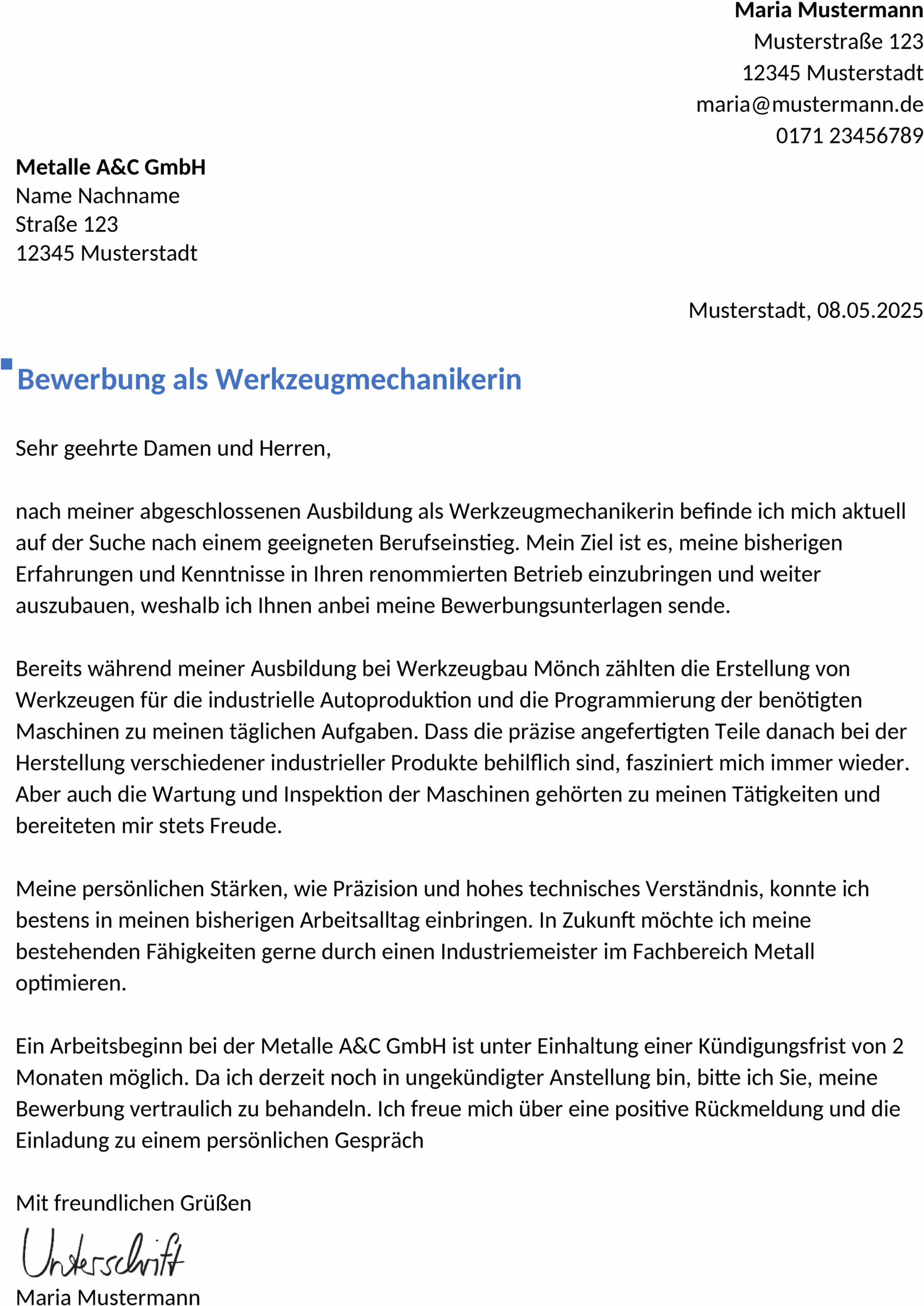 Word-Vorlage Bewerbung WerkzeugmechanikerIn Berufseinstieg