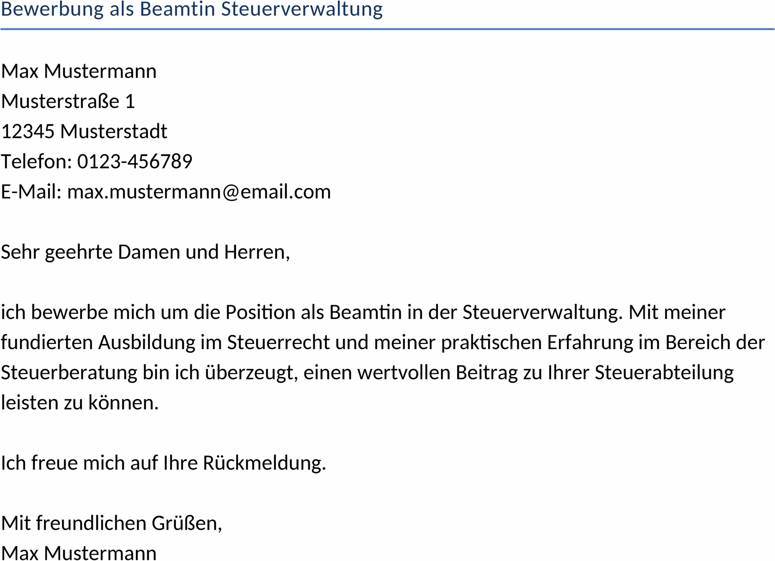 Word-Vorlage Bewerbung als Beamtin in der Steuerverwaltung