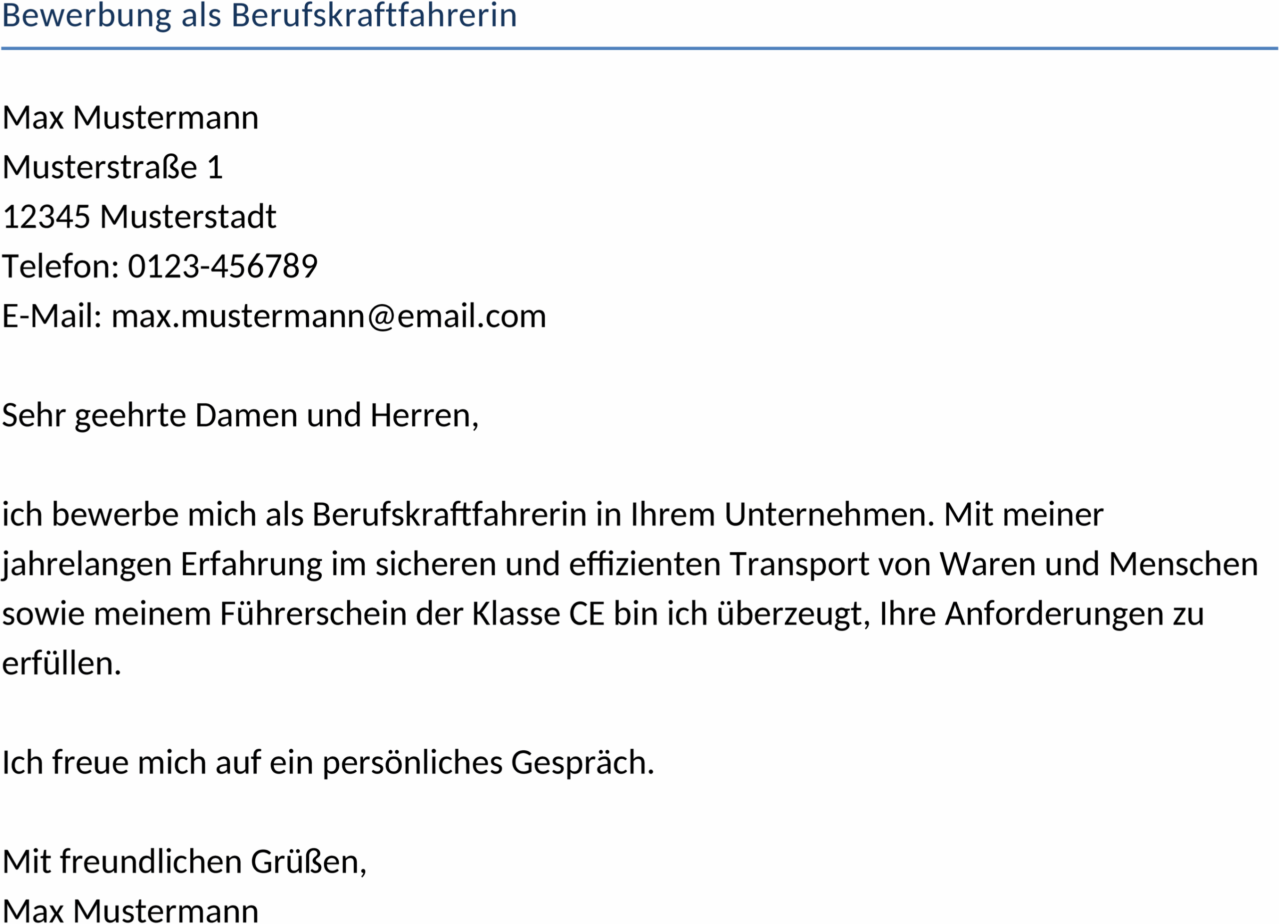 Word-Vorlage Bewerbung als Berufskraftfahrerin