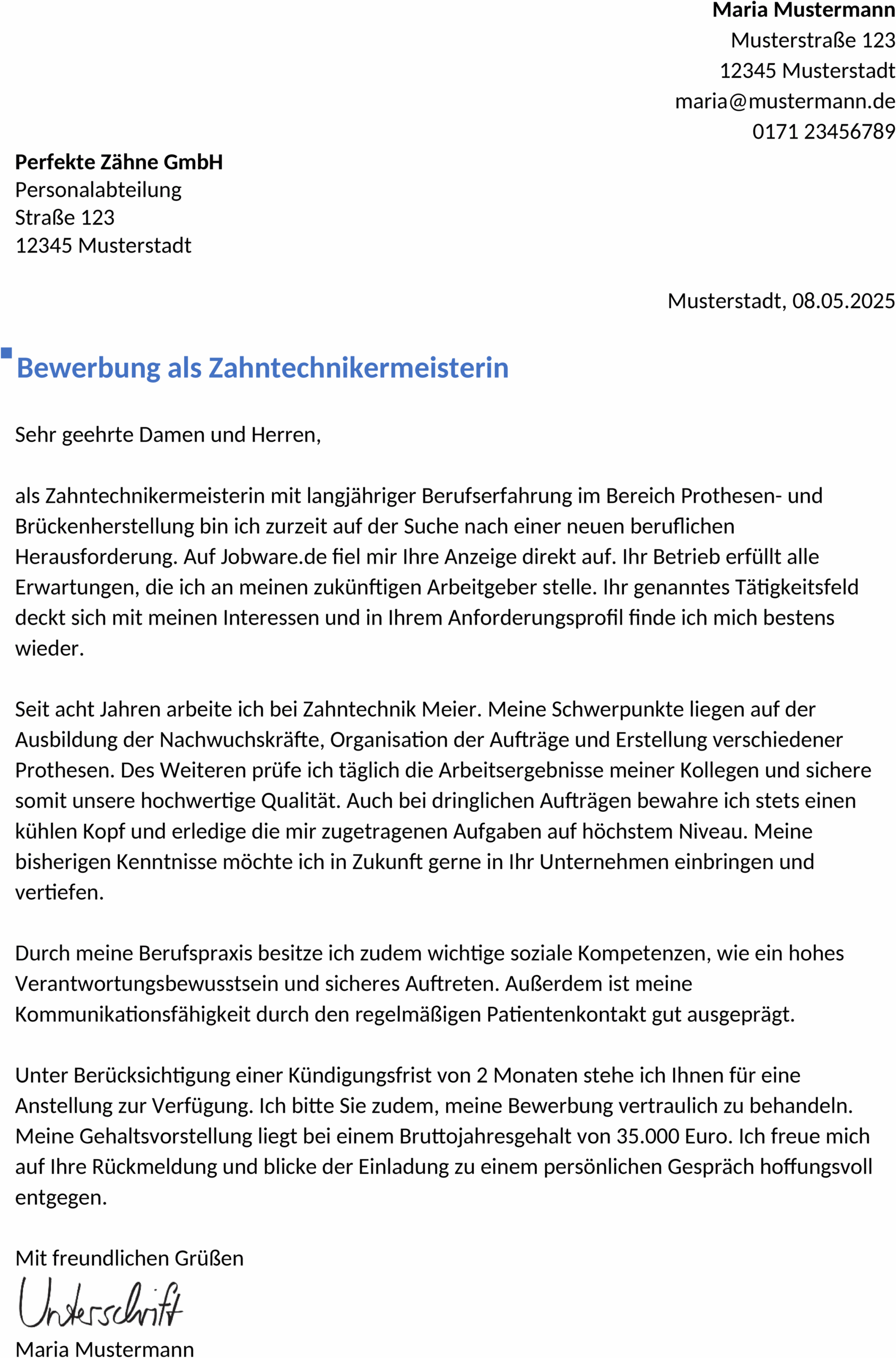 Bewerbungsvorlage für Zahntechniker mit Berufserfahrung