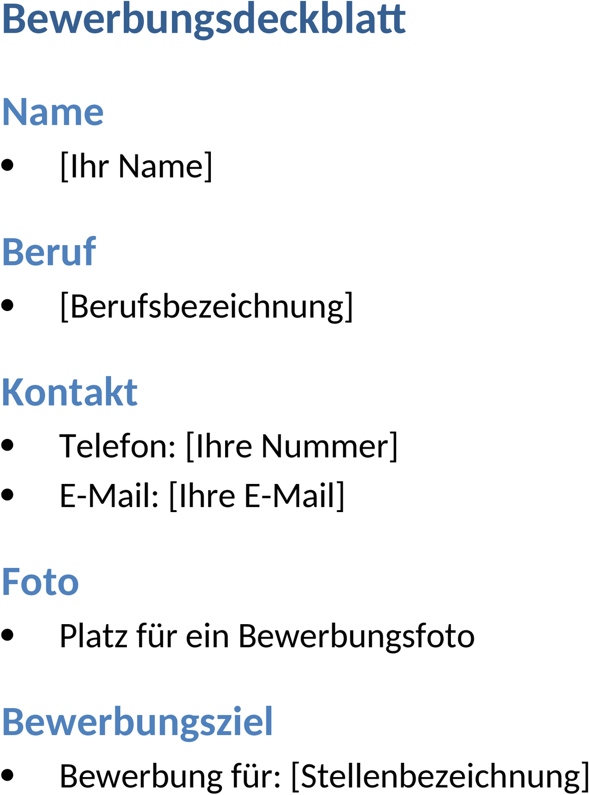 Bewerbungsdeckblatt Word-Vorlage mit Struktur