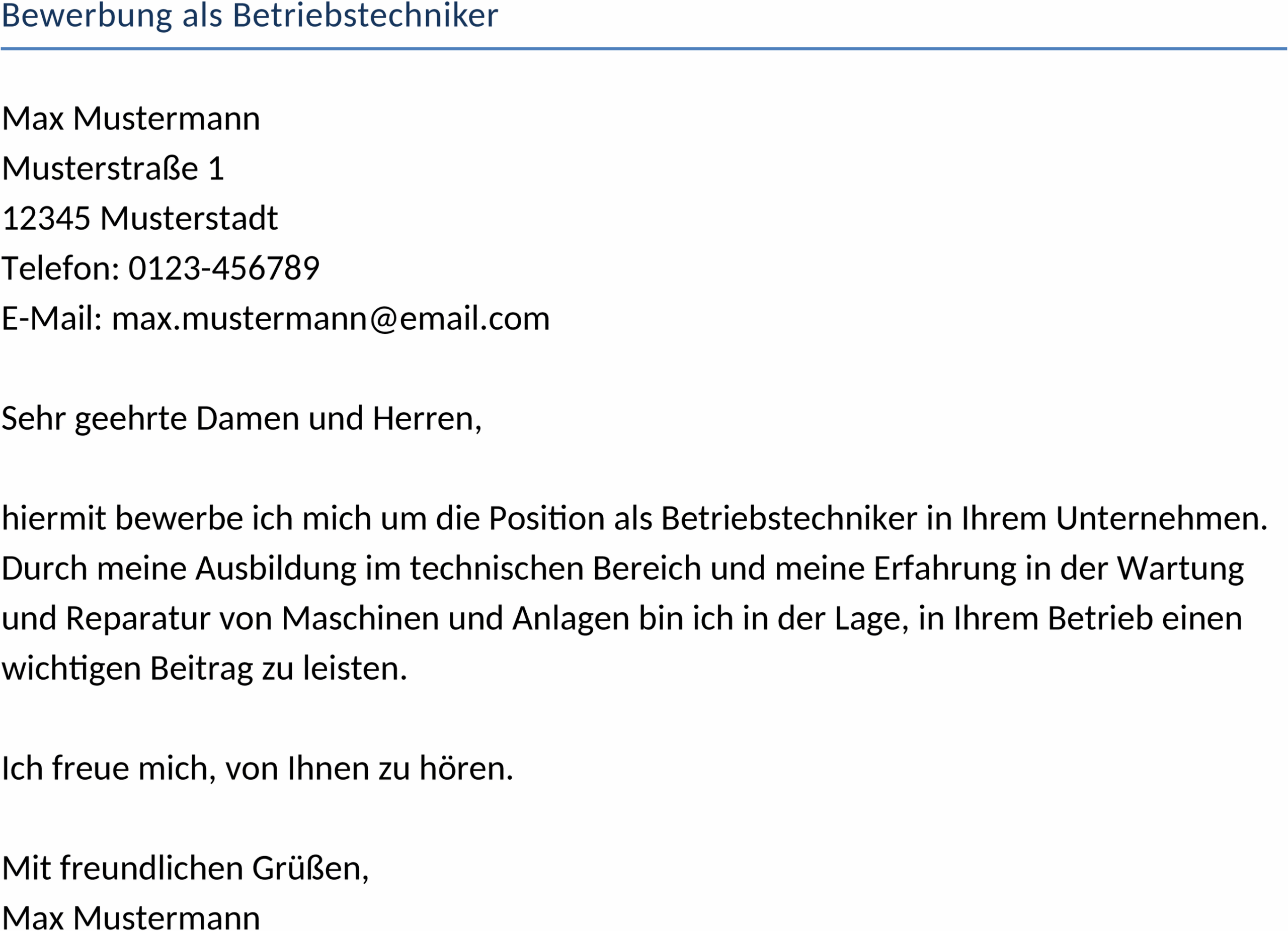 Bewerbungsschreiben als Betriebstechniker Word-Dokument