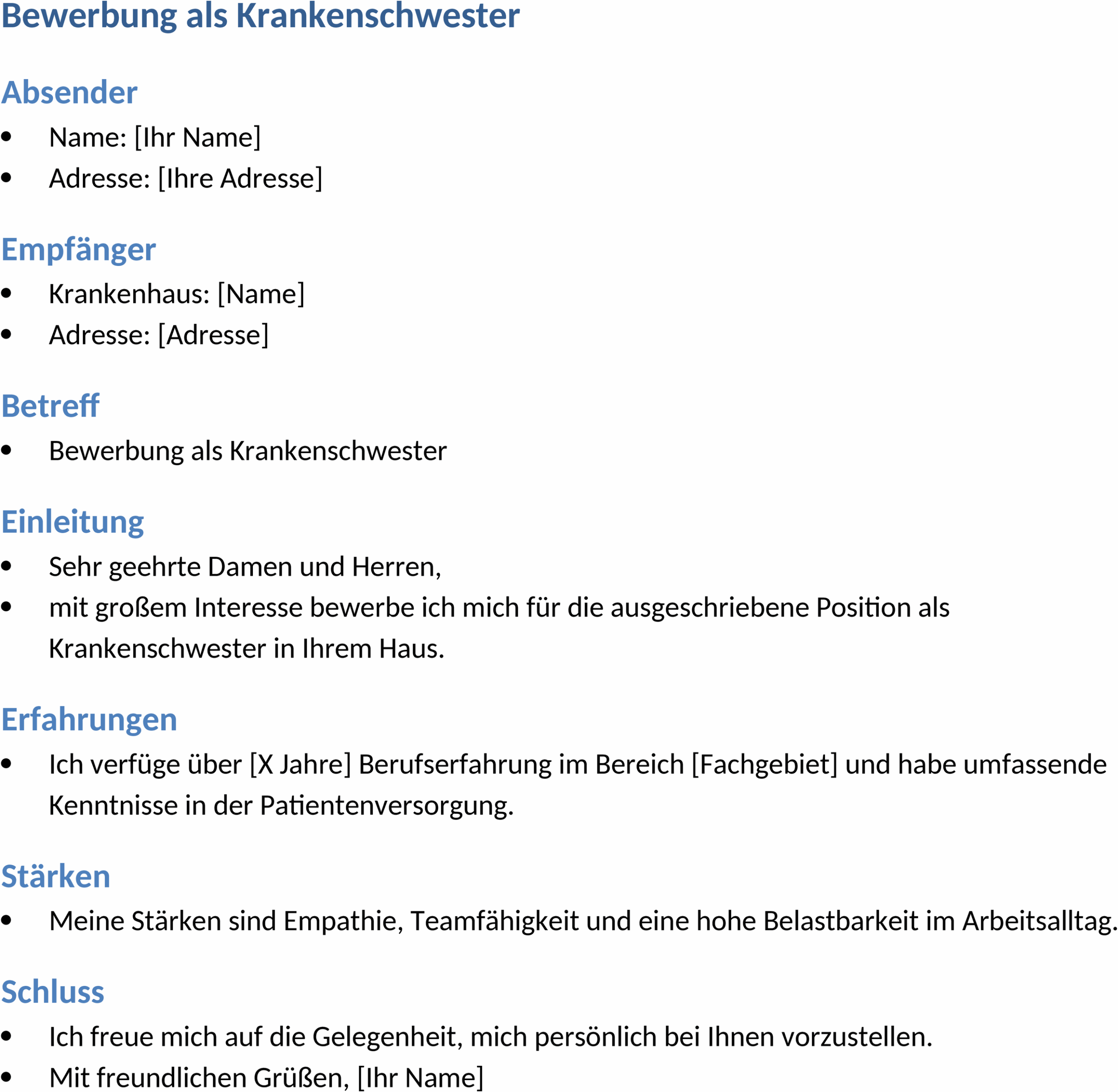 Word-Vorlage Bewerbungsschreiben Krankenschwester