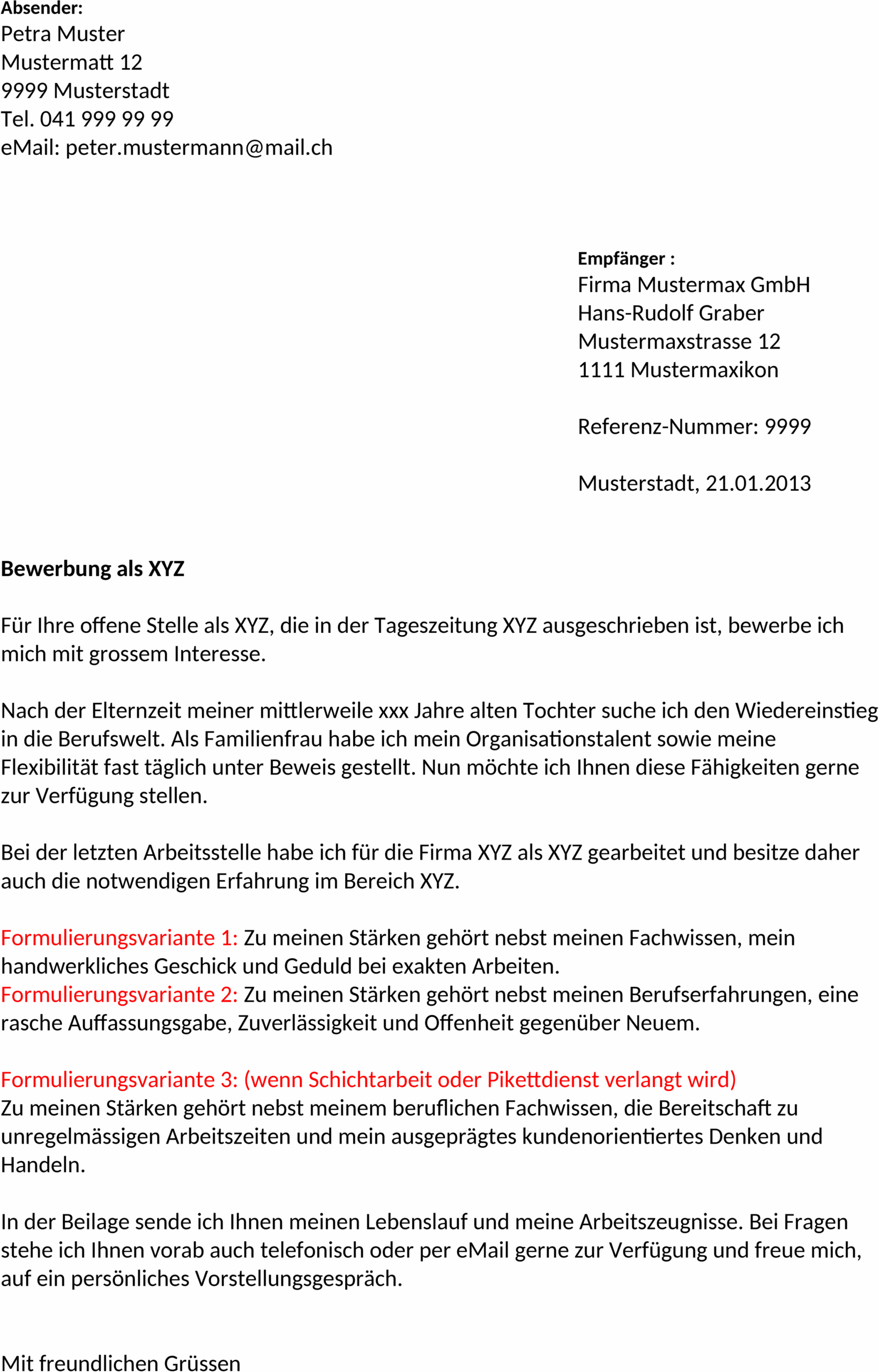Bewerbungsschreiben Muster für den Beruflichen Wiedereinstieg