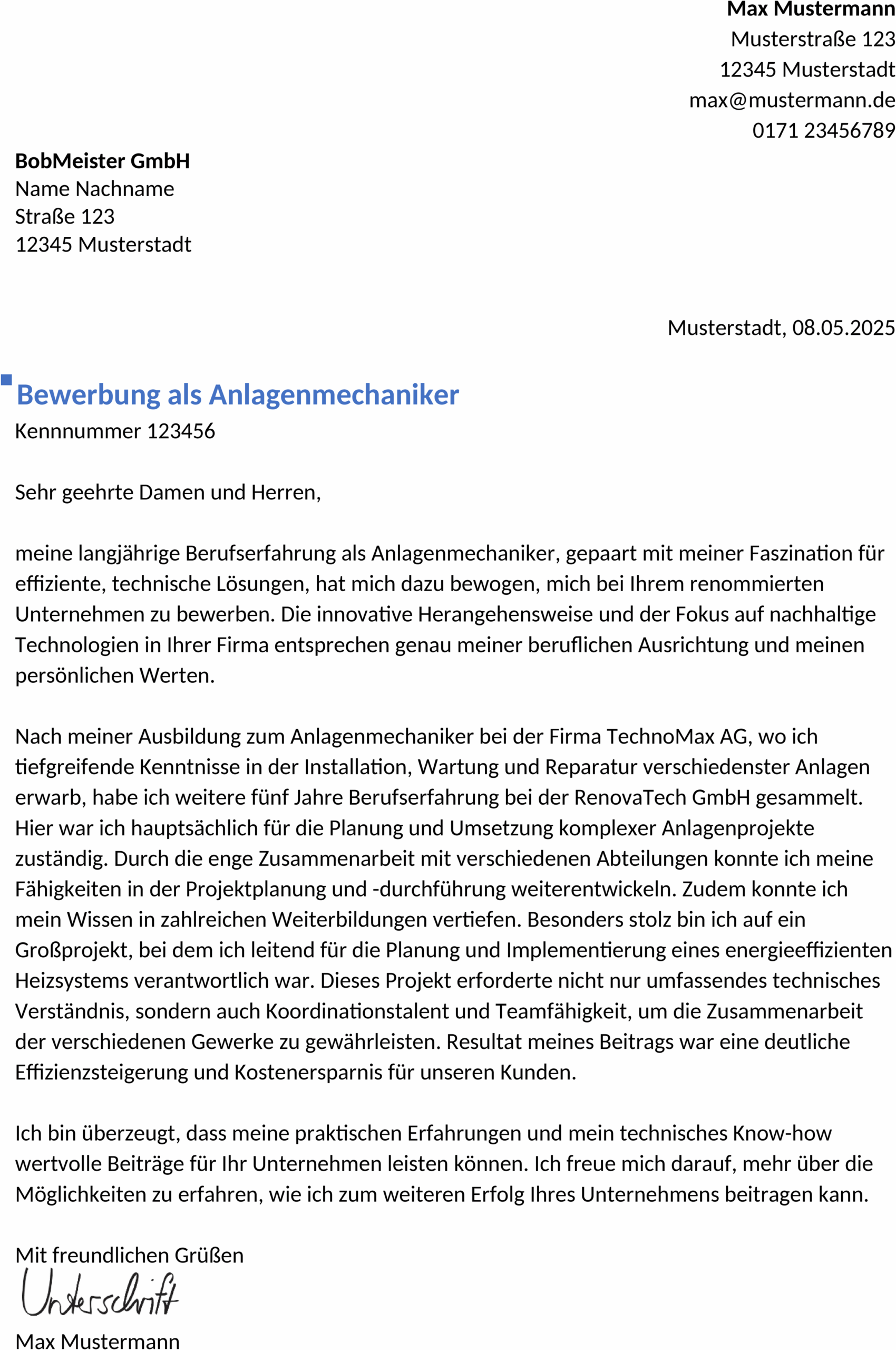 Word Vorlage Bewerbungsvorlage Anlagenmechaniker Berufserfahren